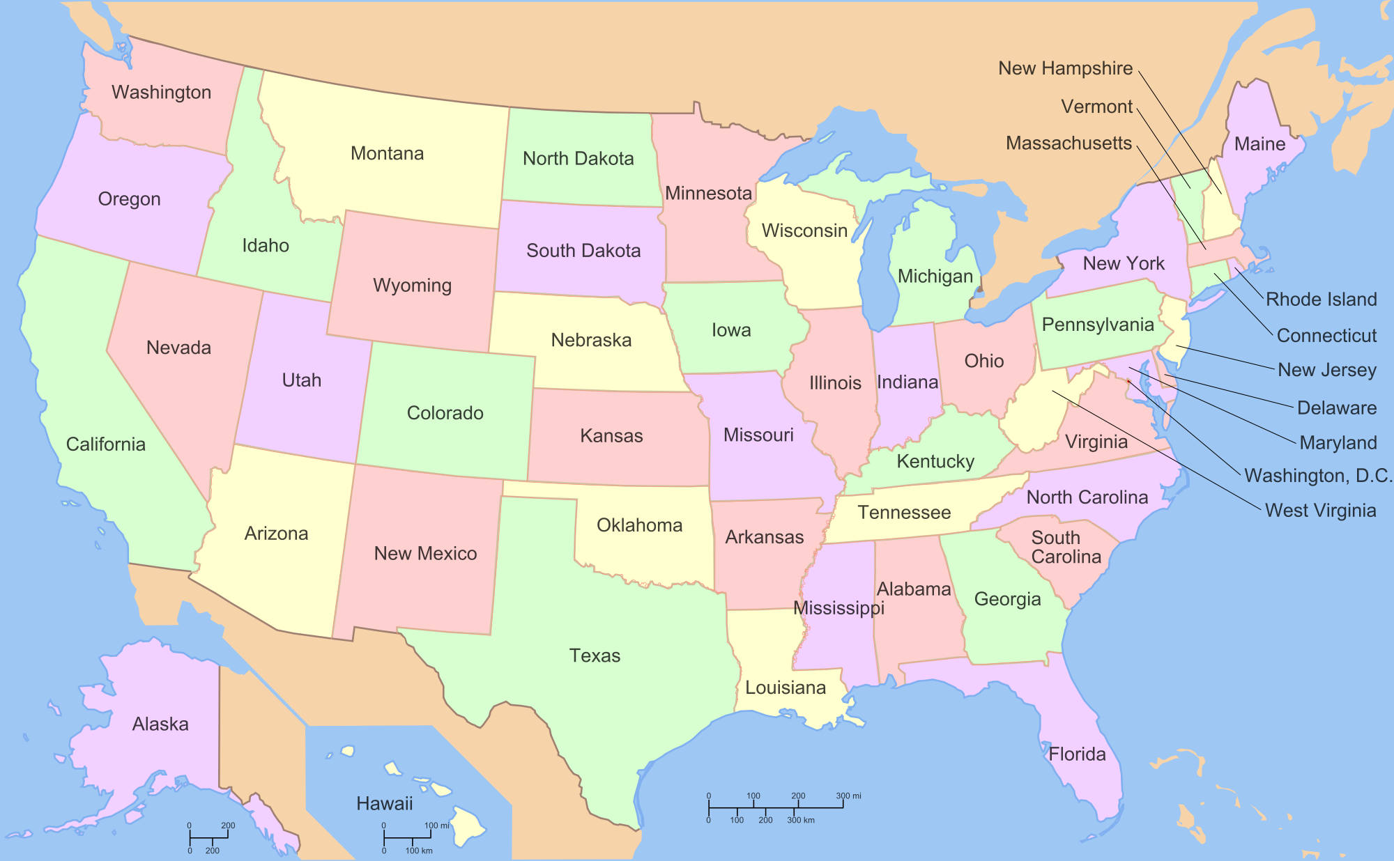 United States Map 桌布 壁紙 — 一幅色彩繽紛的美國政治地圖，每個州都標有標籤並以柔和色調著色。
