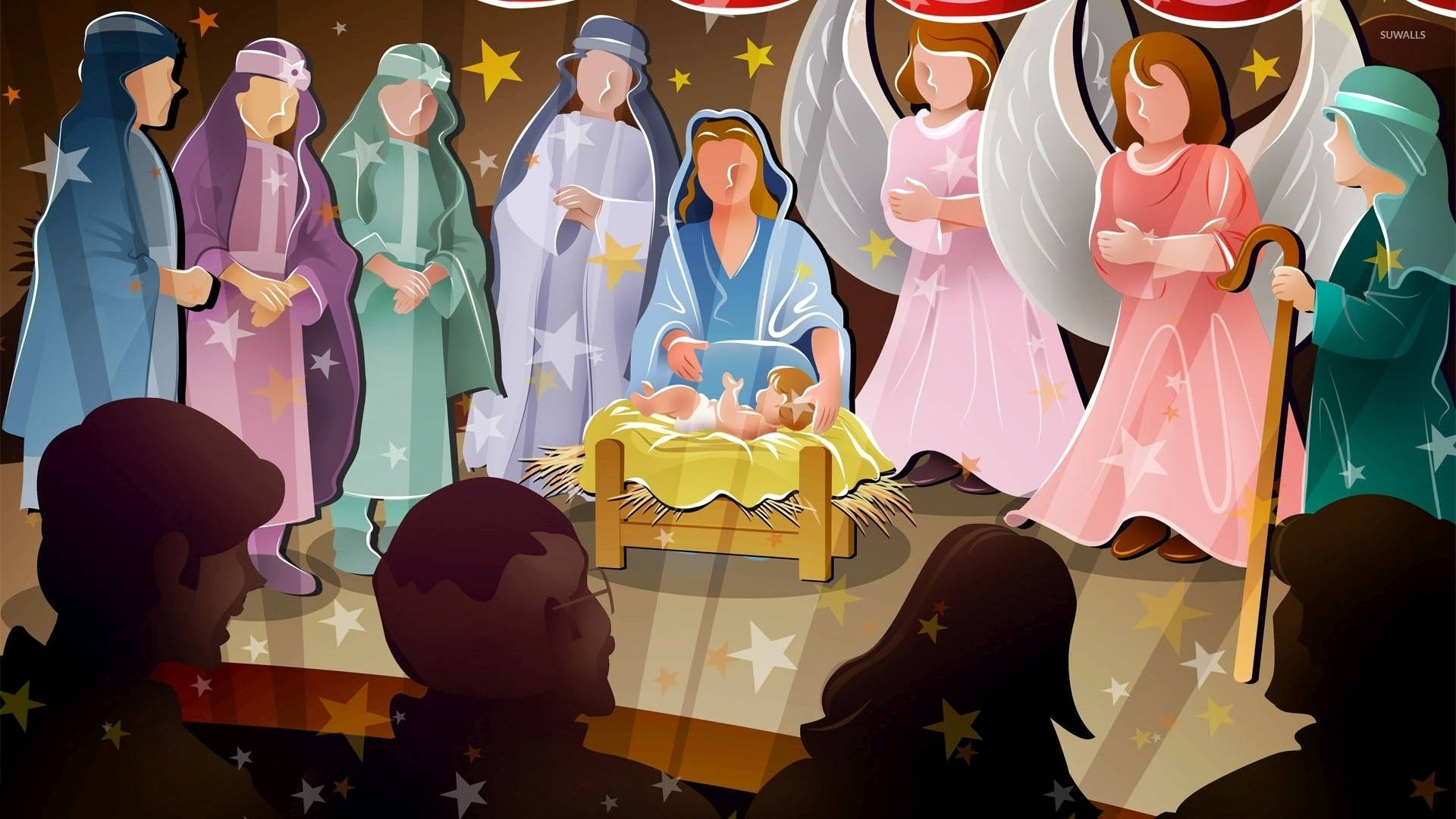 Nativity 桌布 壁紙 — 一幅色彩繽紛的耶穌誕生場景插圖，瑪利亞懷抱嬰兒耶穌，周圍有天使和智者，背景是星空。