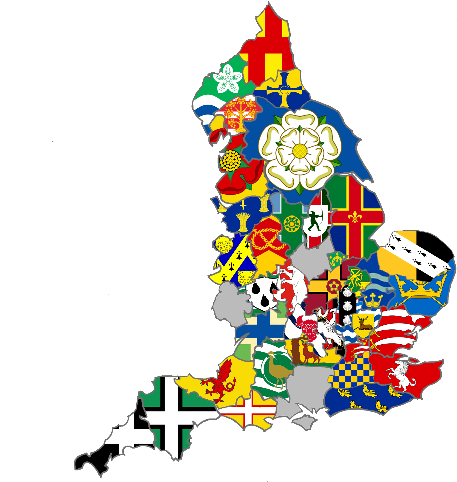 英格蘭 桌布 壁紙 — 一幅色彩繽紛的英格蘭地圖，由地區紋章和紋章符號組成，背景為黑色。