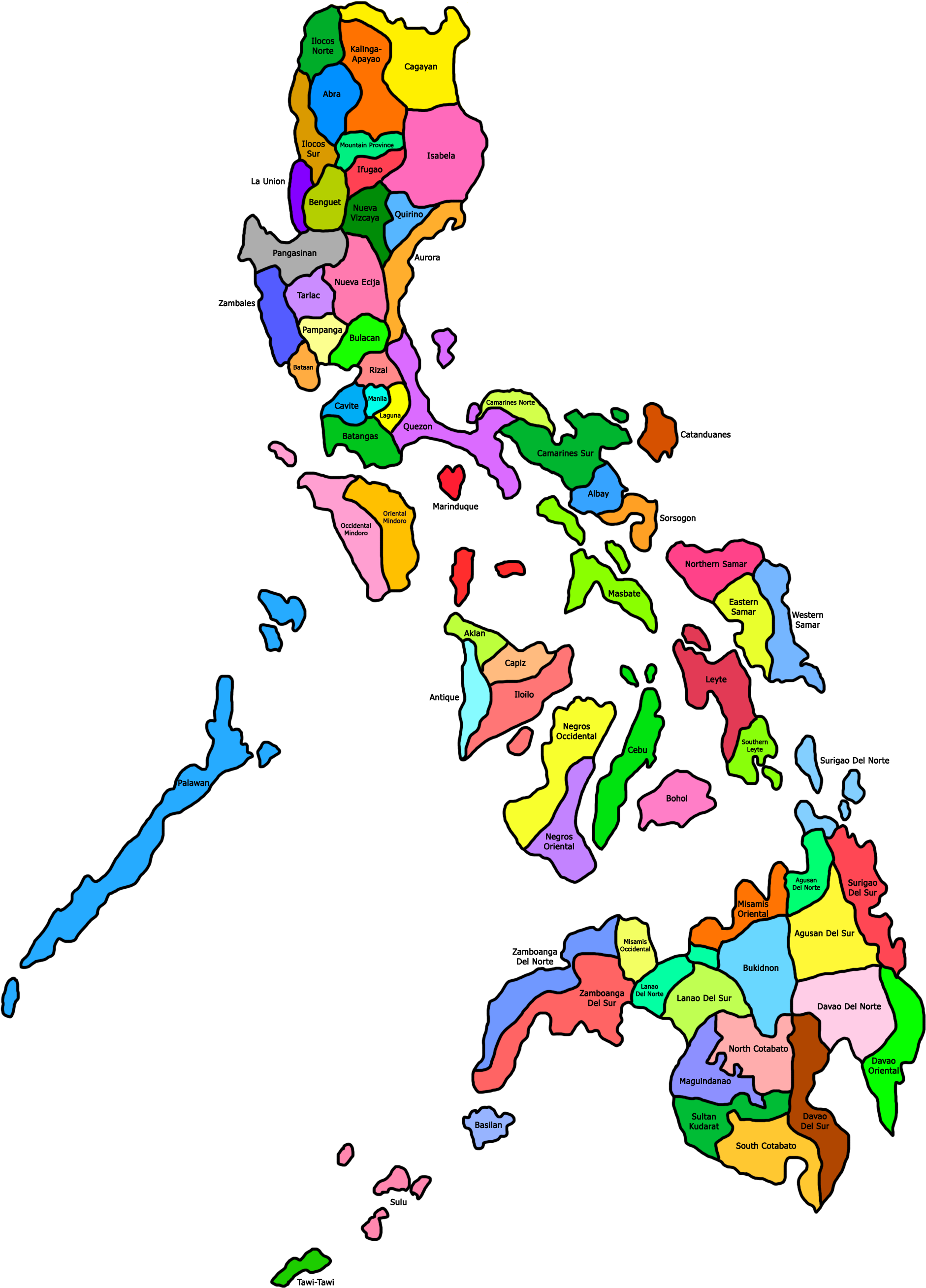 Philippines Map 桌布 壁紙 — 一幅色彩繽紛的菲律賓政治地圖，每個省份在黑色背景上清晰標示陰影和標籤。