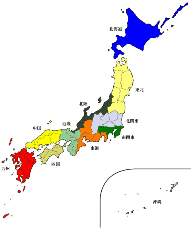 日本 桌布 壁紙 — 一幅色彩繽紛的風格化日本地圖，區域以日文字元標示，並在黑色背景上使用鮮明的顏色編碼。