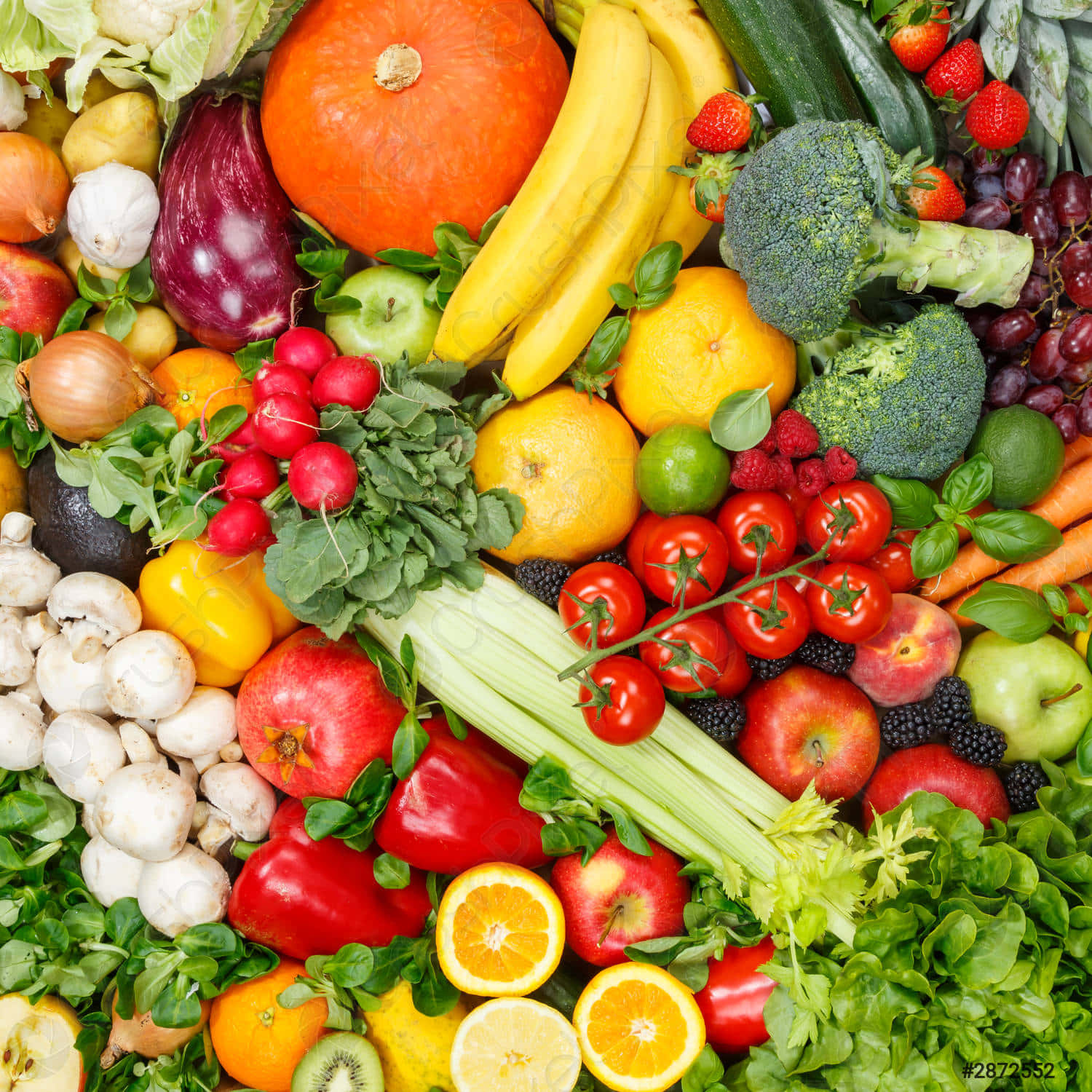 Fruits And Vegetables 桌布 壁紙 — 一幅色彩豐富、質感多樣的各種新鮮水果和蔬菜的俯拍照片。