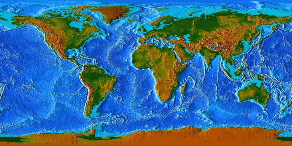 Map 桌布 壁紙 — 一幅色彩鮮豔的3D渲染地球地形圖，顯示大陸和海洋，並以顏色編碼標示海拔和深度。