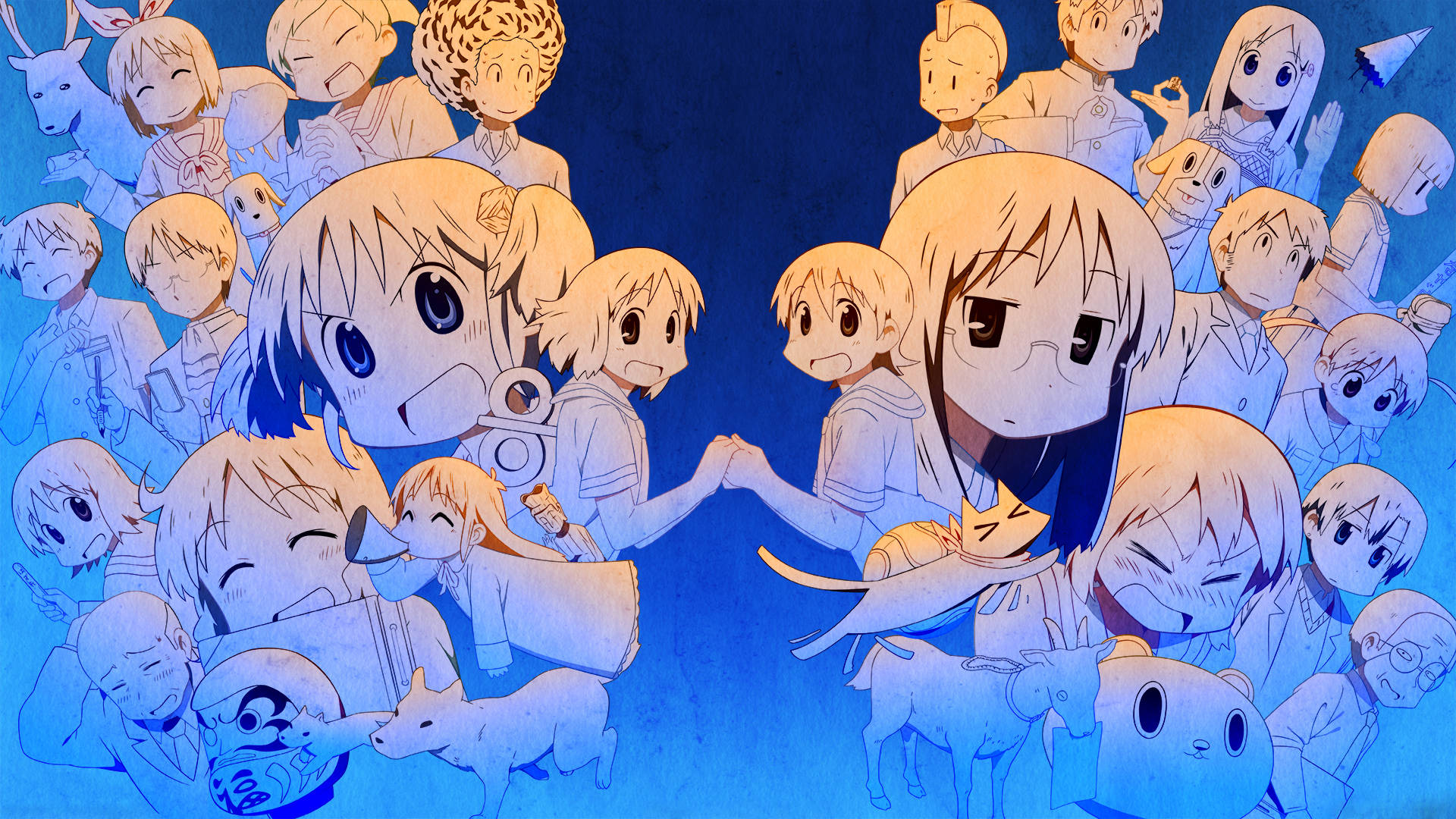 Nichijou 桌布 壁紙 — 一幅色彩鮮豔的動漫插圖，描繪多名穿著校服的角色在深藍色背景前手牽手。