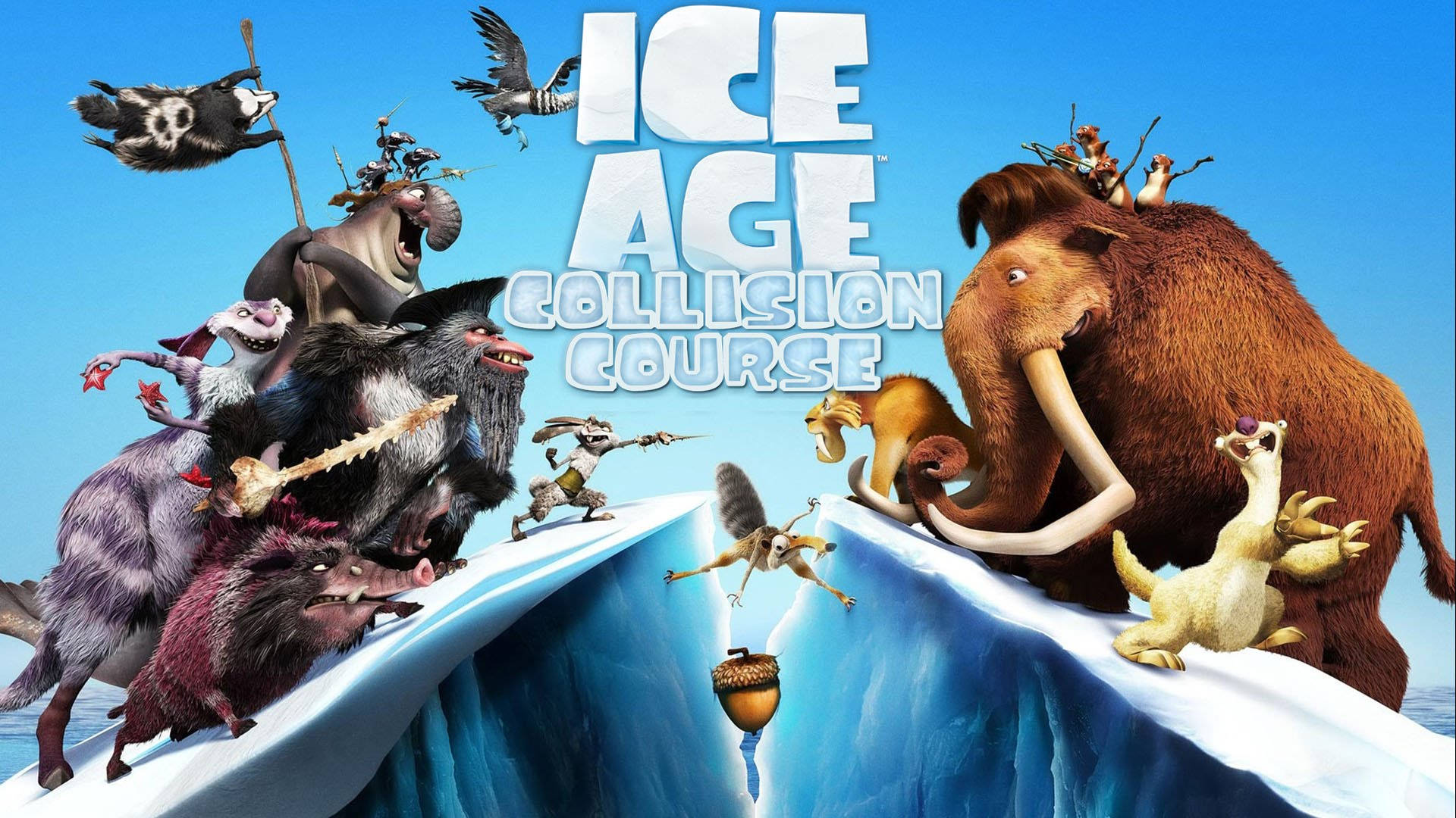 Ice Age 桌布 壁紙 — 一幅色彩鮮豔的動畫電影海報，冰原歷險記角色站在懸崖邊緣，下方有一顆掉落的橡果。