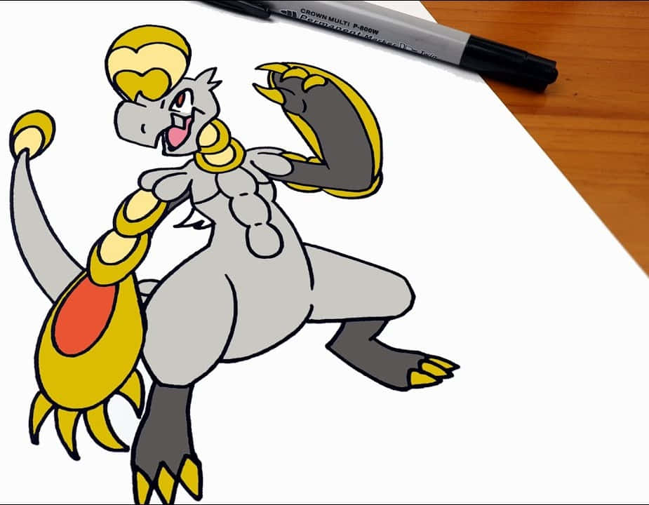 Pokemon Aesthetic 桌布 壁紙 — 一幅色彩鮮豔的手繪插圖，描繪寶可夢黏美龍在白紙上展示肌肉，旁邊放著一支黑色馬克筆。