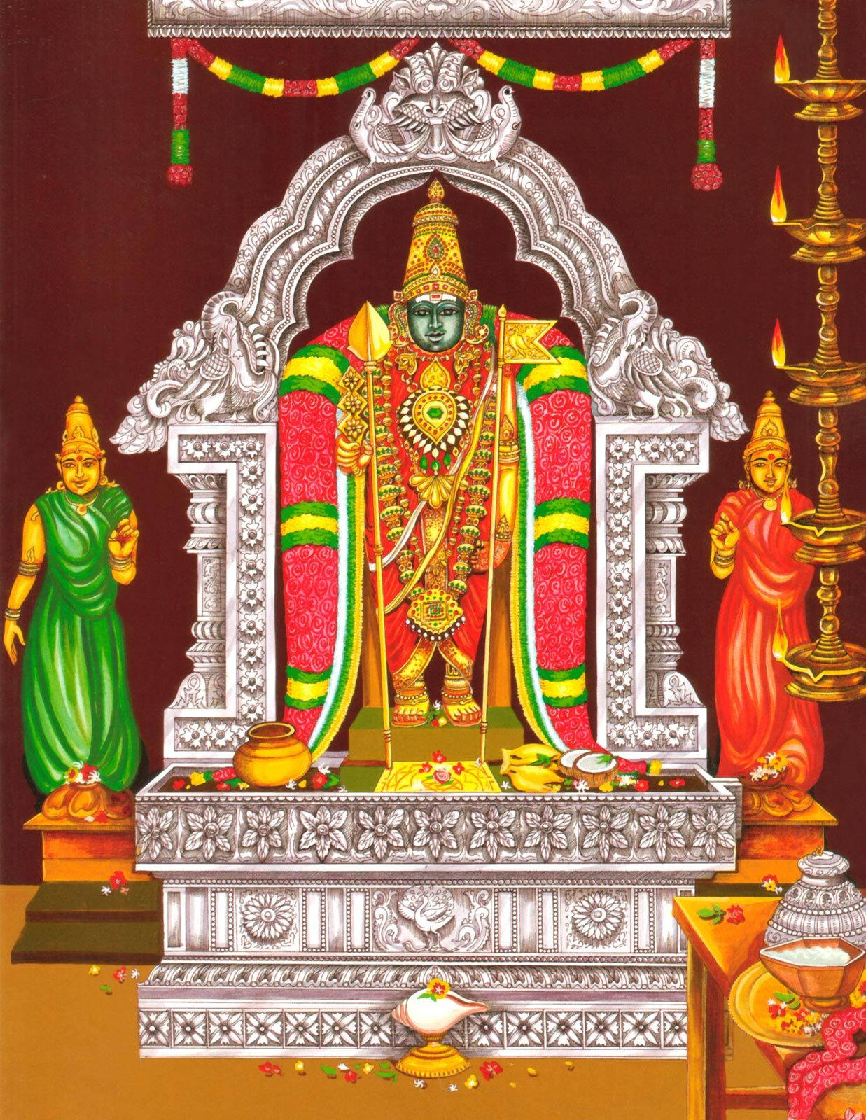 Lord Murugan 桌布 壁紙 — 一幅色彩鮮豔的插圖，描繪一位綠色皮膚、戴著金色皇冠的印度教神祇，坐在華麗的銀色寺廟建築中的寶座上，兩旁有侍從和點燃的油燈。