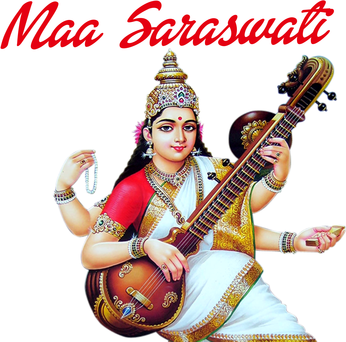 薩拉斯瓦蒂 桌布 壁紙 — 一幅色彩鮮豔的插圖，描繪了Maa Saraswati手持維納琴和珍珠，背景為黑色並帶有紅色文字。