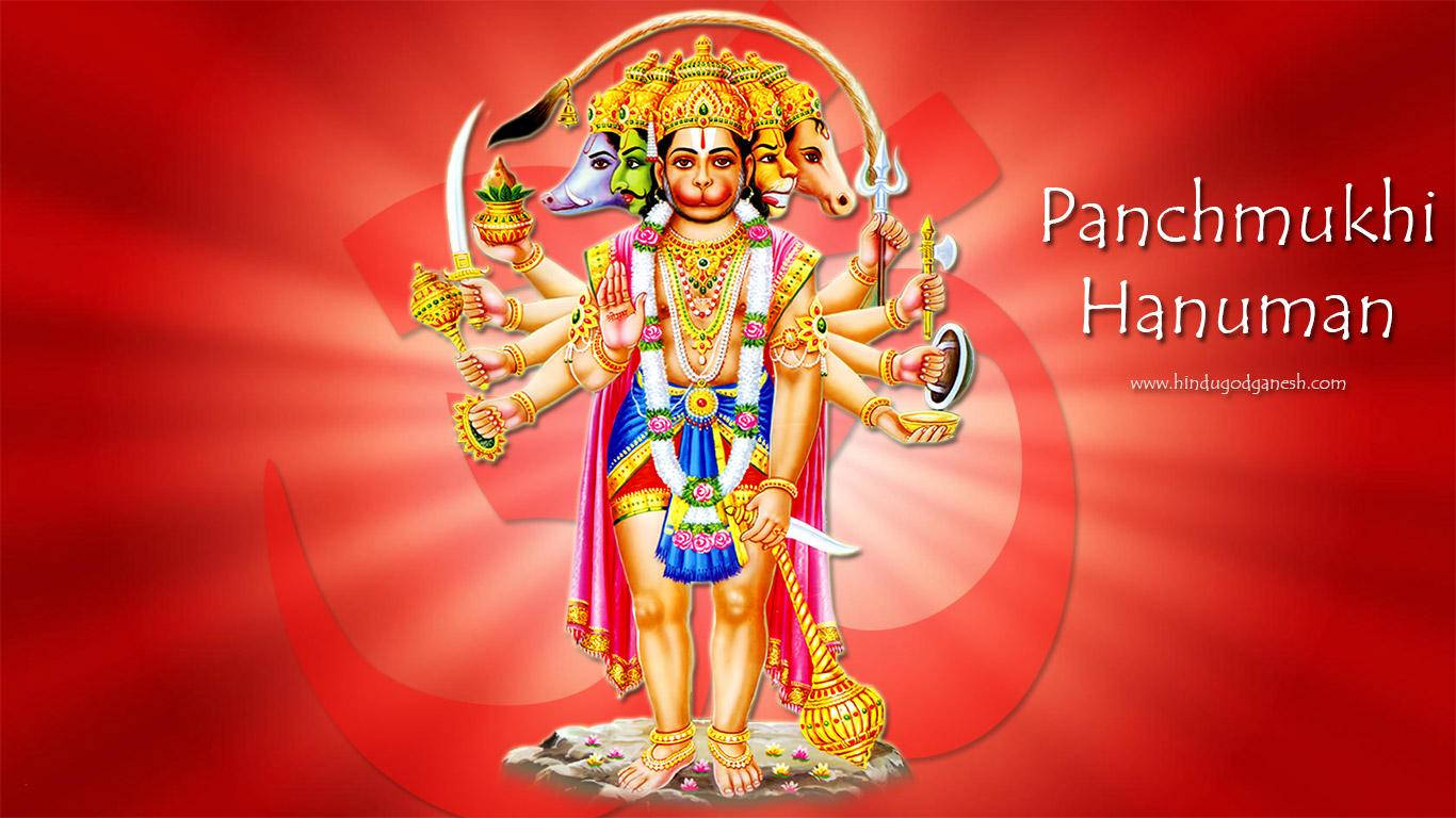 lord hanuman 桌布 壁紙 — 一幅色彩鮮豔的插圖，描繪了五面多臂的潘查穆基·哈努曼，手持武器和符號，背景是耀眼的紅色。