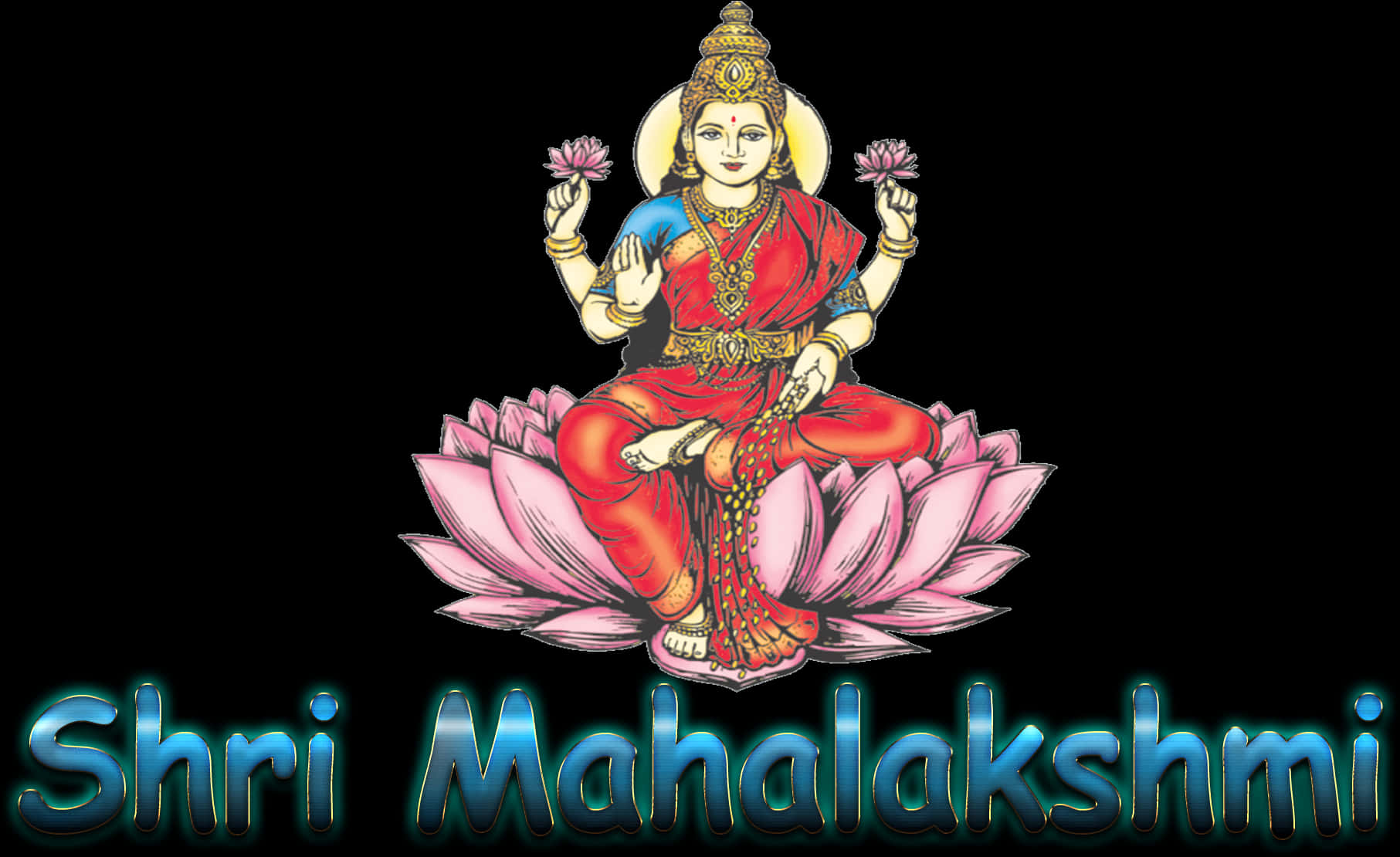 吉祥天女 桌布 壁紙 — 一幅色彩鮮豔的插圖，描繪了吉祥天女Shri Mahalakshmi優雅地坐在粉紅色蓮花上，手持粉紅色蓮花，背景為黑色。