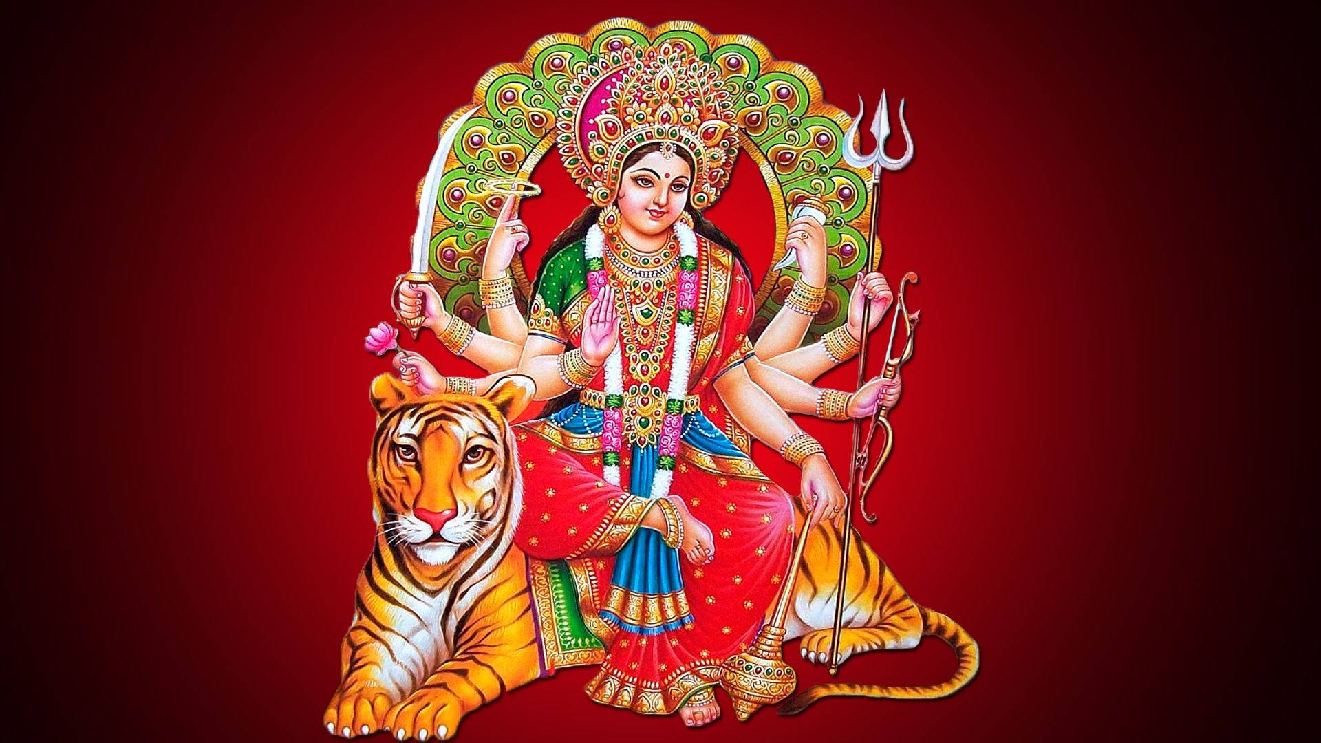 durga mata HD 桌布 壁紙 — 一幅色彩鮮豔的插圖，描繪印度教女神杜爾迦（Durga）有十臂騎虎，背景為深紅色。