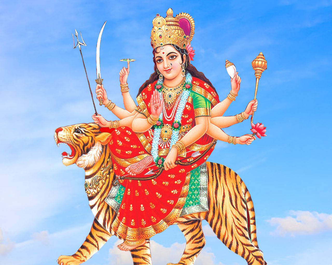 Durga 桌布 壁紙 — 一幅色彩鮮豔的插圖，描繪印度教女神杜爾迦（Durga）有十隻手臂，騎著咆哮的老虎，背景是晴朗的藍天。