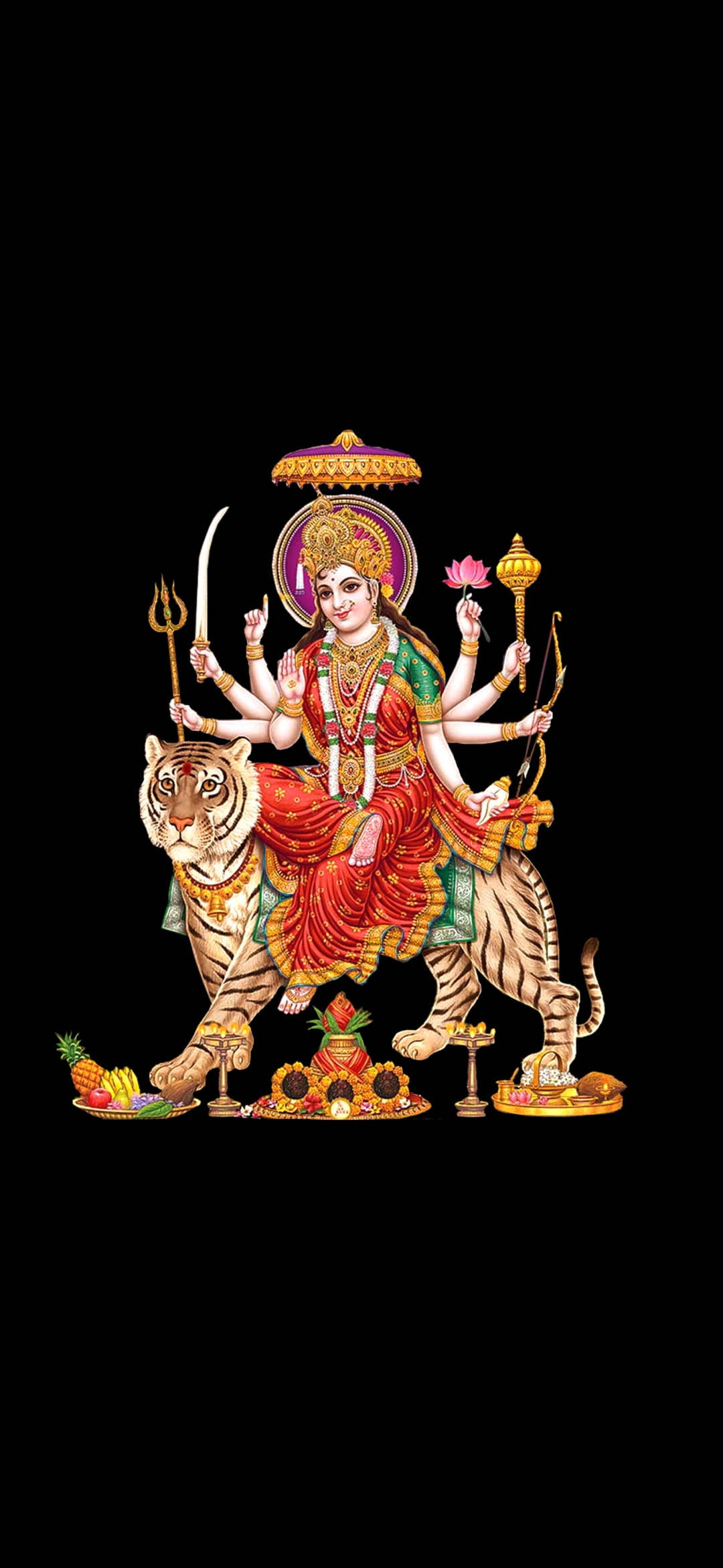 Mata Rani 桌布 壁紙 — 一幅色彩鮮豔的插圖，描繪印度教女神杜爾迦有十臂，騎著一頭兇猛的老虎，背景為黑色。