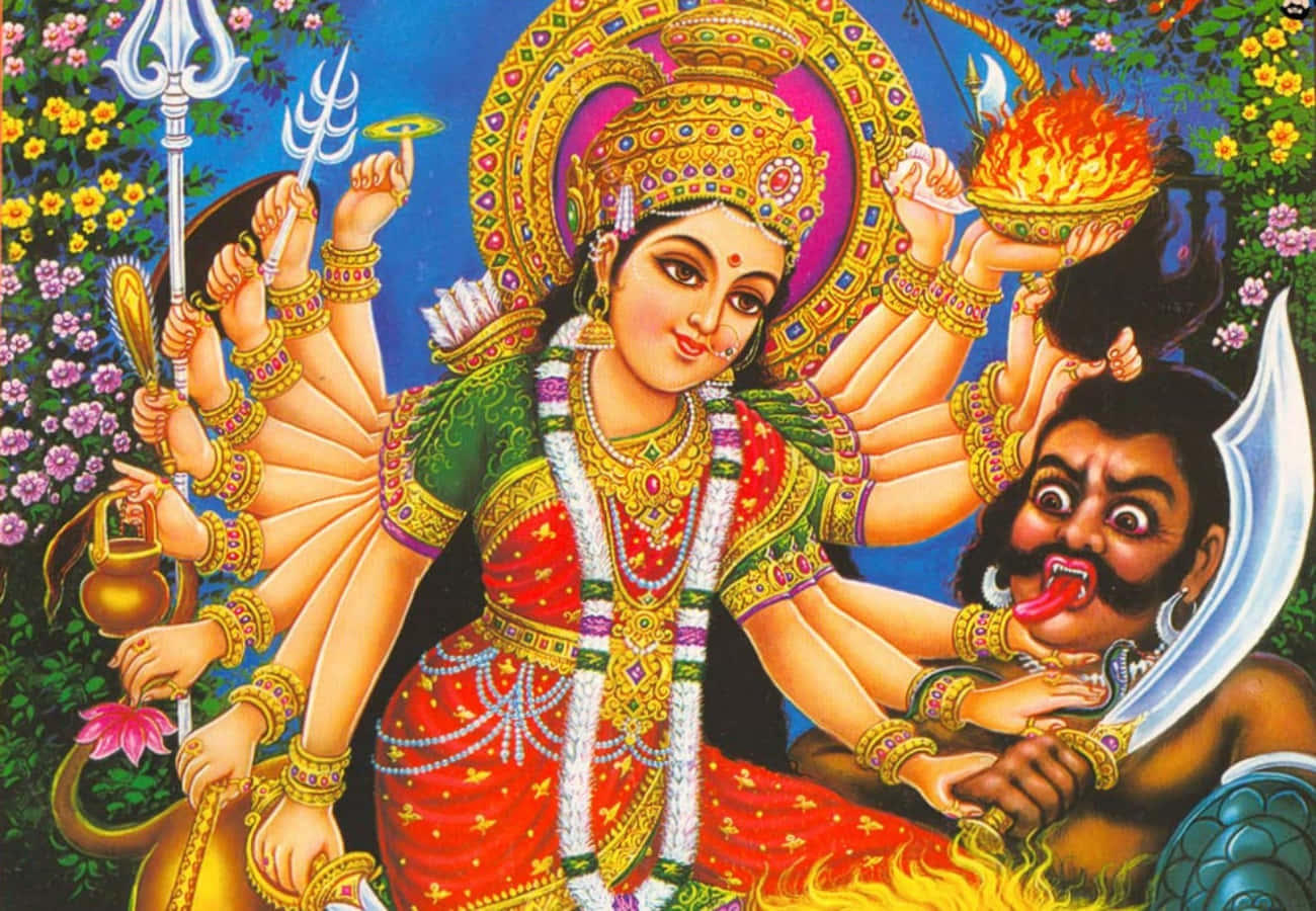 Hindu God 桌布 壁紙 — 一幅色彩鮮豔的插圖，描繪印度教女神杜爾迦（Durga）擁有十臂，手持武器和一個燃燒的碗，勝利地站在惡魔之上。