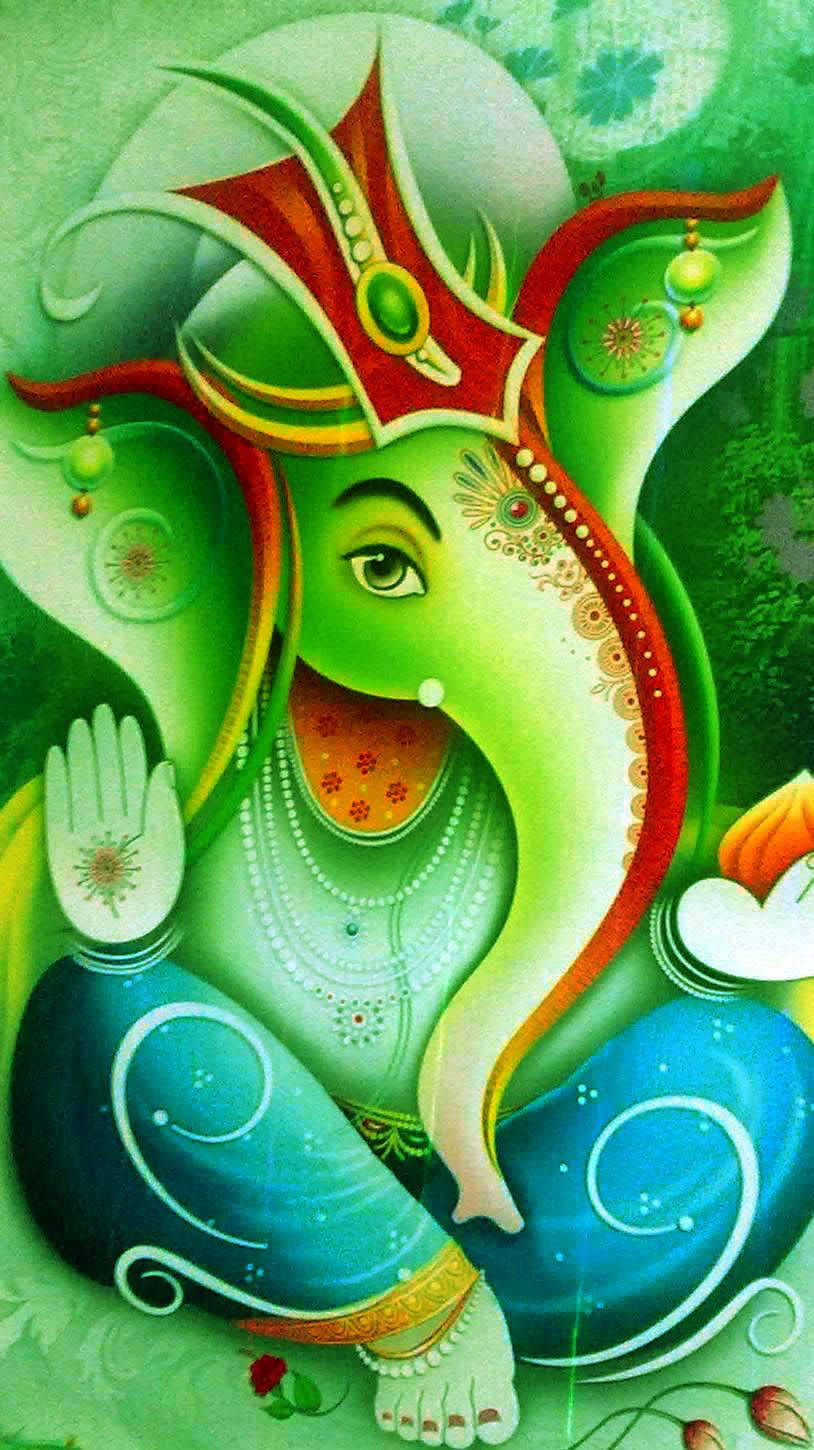 hindu iPhone 桌布 壁紙 — 一幅色彩鮮豔的插圖，描繪印度教神祇象頭神，綠色皮膚、紅色皇冠、藍色長袍，在花卉圖案環繞下打坐冥想。
