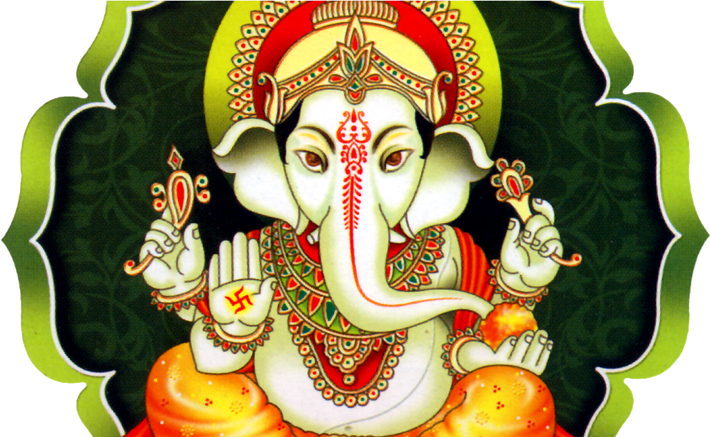 Hinduism 桌布 壁紙 — 一幅色彩鮮豔的插圖，描繪印度教神祇象頭神伽內什，頭戴紅、金、綠色飾品，手持象徵性物品，背景為深綠色圖案。