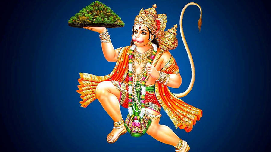 lord hanuman 桌布 壁紙 — 一幅色彩鮮豔的插圖，描繪哈努曼手持山脈於掌心，背景為深藍色。