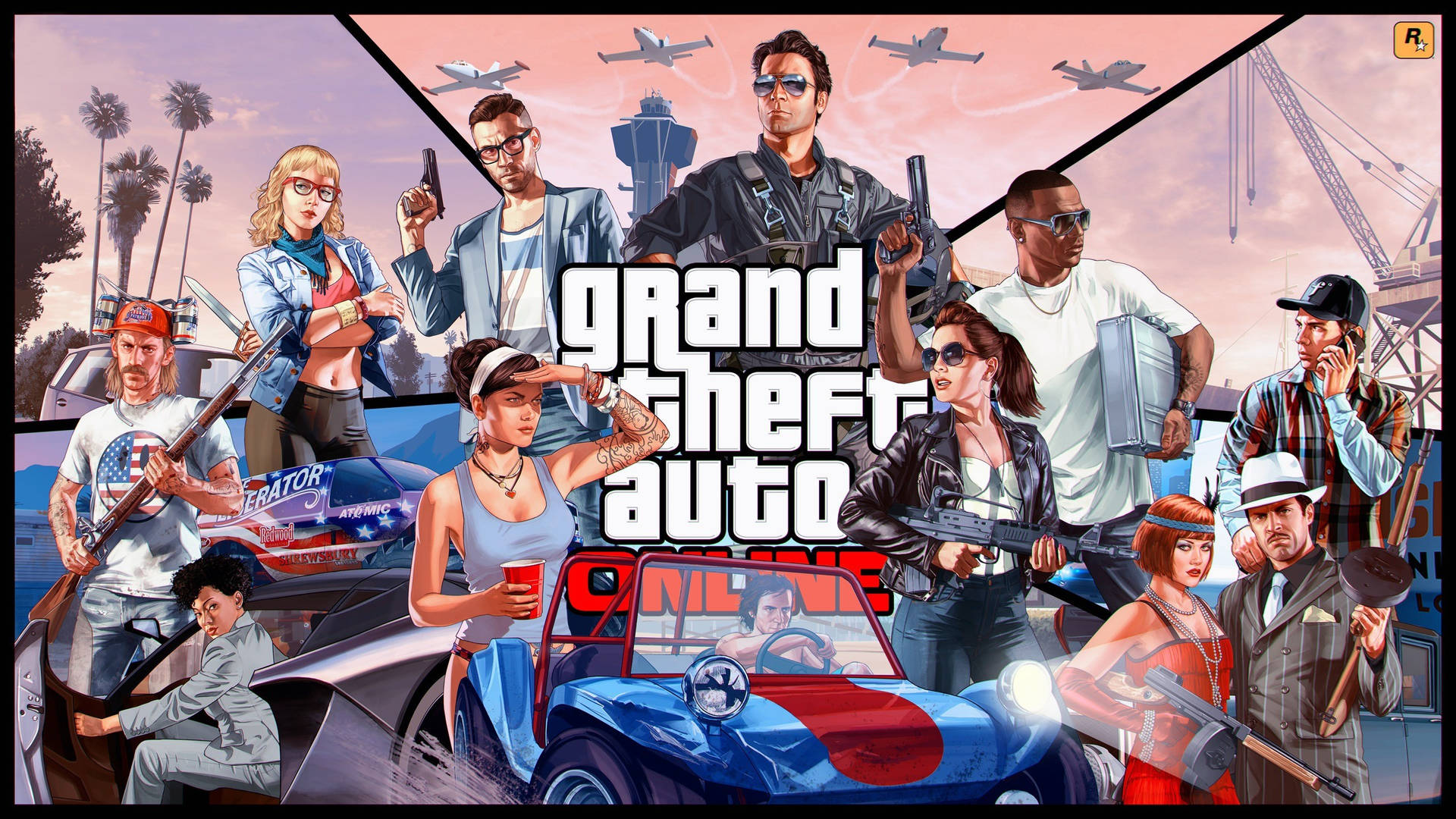 《俠盜獵車手Online》角色在夕陽城市場景中手持武器和汽車。 — GTA 5 動圖 壁紙