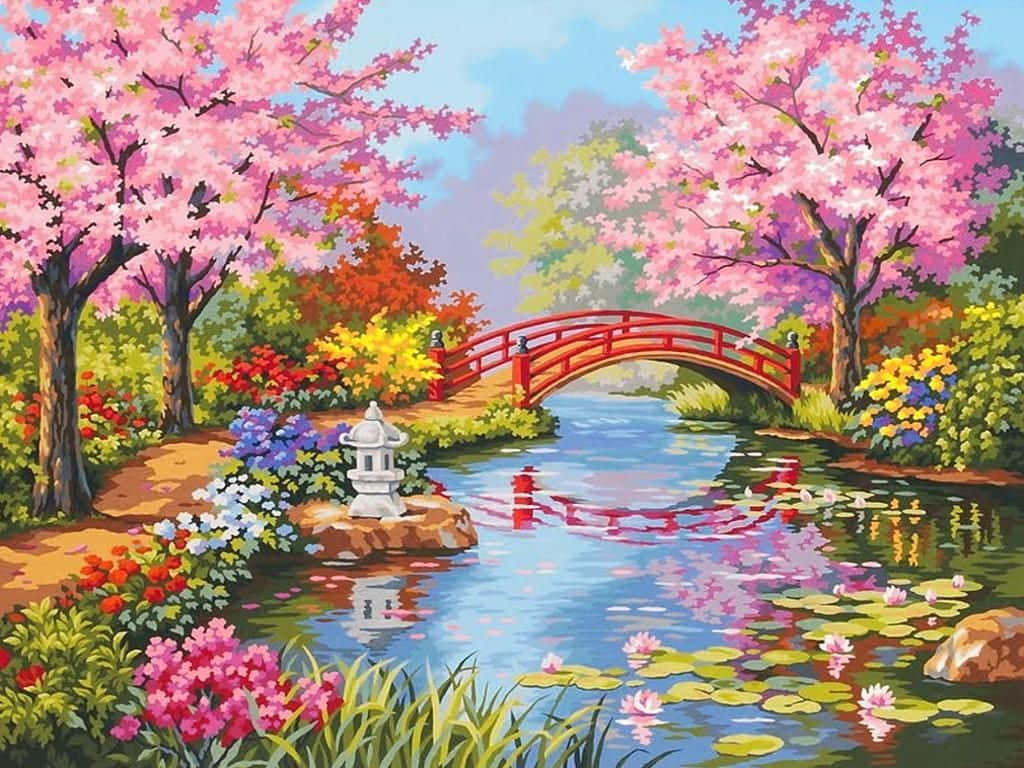 Anime Garden 桌布 壁紙 — 一幅色彩鮮豔的畫作，描繪了一座紅色拱橋橫跨池塘，池塘中有睡蓮葉和盛開的櫻花樹。