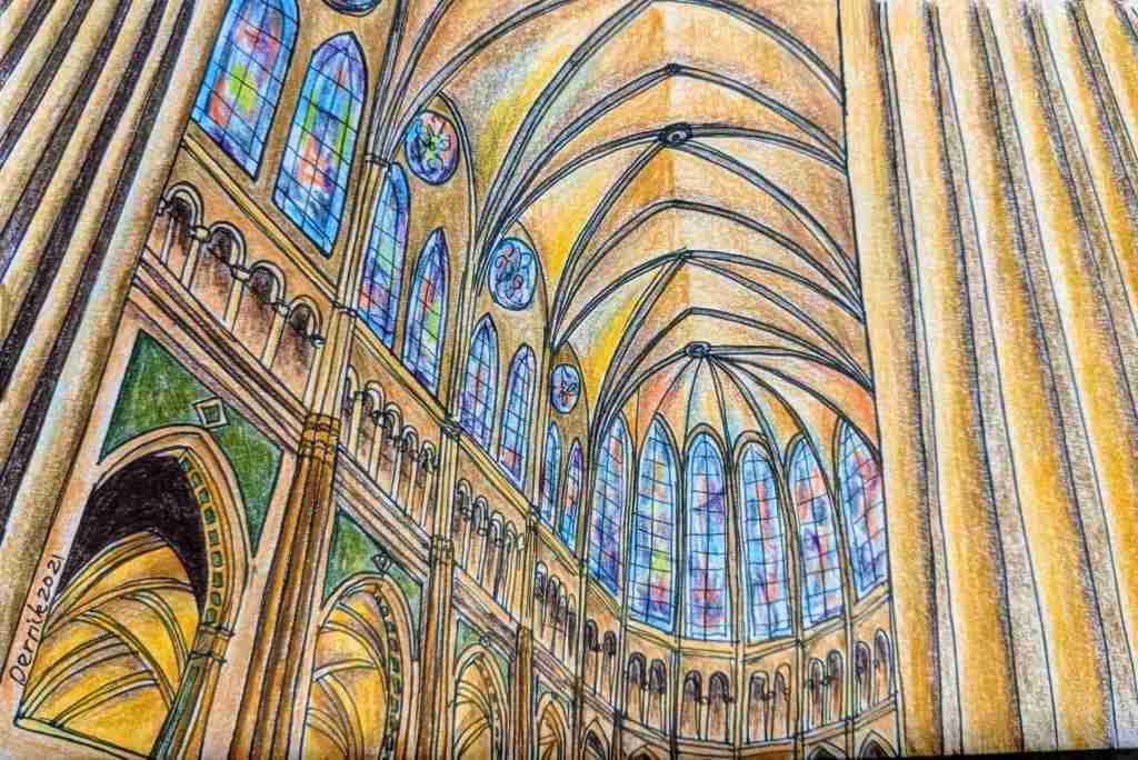 Gothic Architecture 桌布 壁紙 — 一幅色彩鮮豔的鉛筆畫，描繪了大教堂高聳的拱形天花板和彩繪玻璃窗。