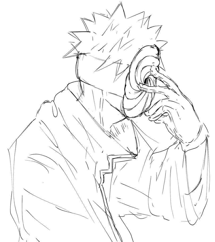 Akatsuki Drawing 桌布 壁紙 — 一幅草圖，描繪一個穿著長袍、頭髮尖刺的動漫角色，手持一個大型耳狀物體貼近臉部。