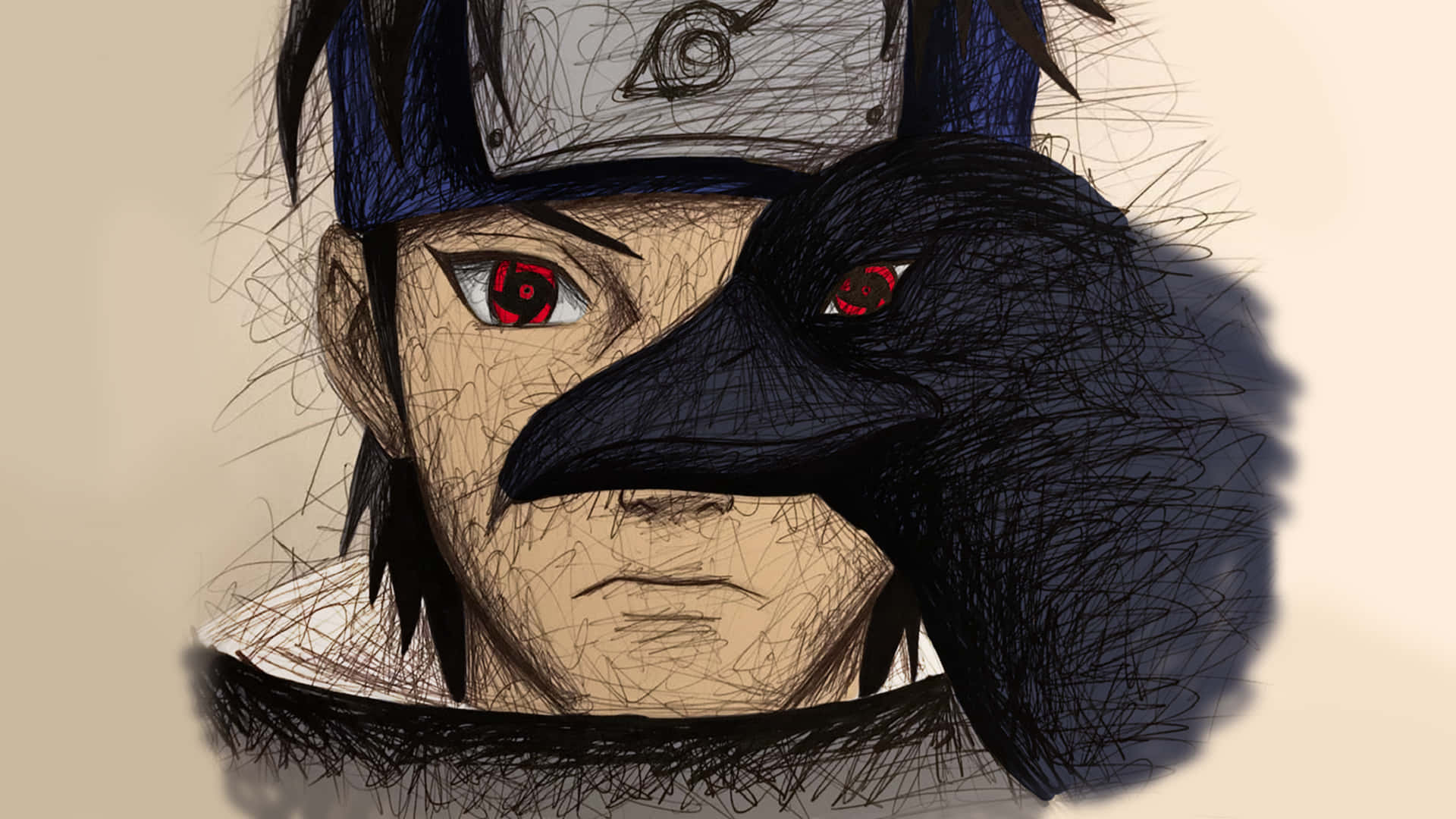 Uchiha Clan 桌布 壁紙 — 一幅草圖風格的動畫肖像，描繪一位紅眼年輕男子和一隻棲息在他旁邊的黑烏鴉，兩者都帶著同樣強烈的凝視。
