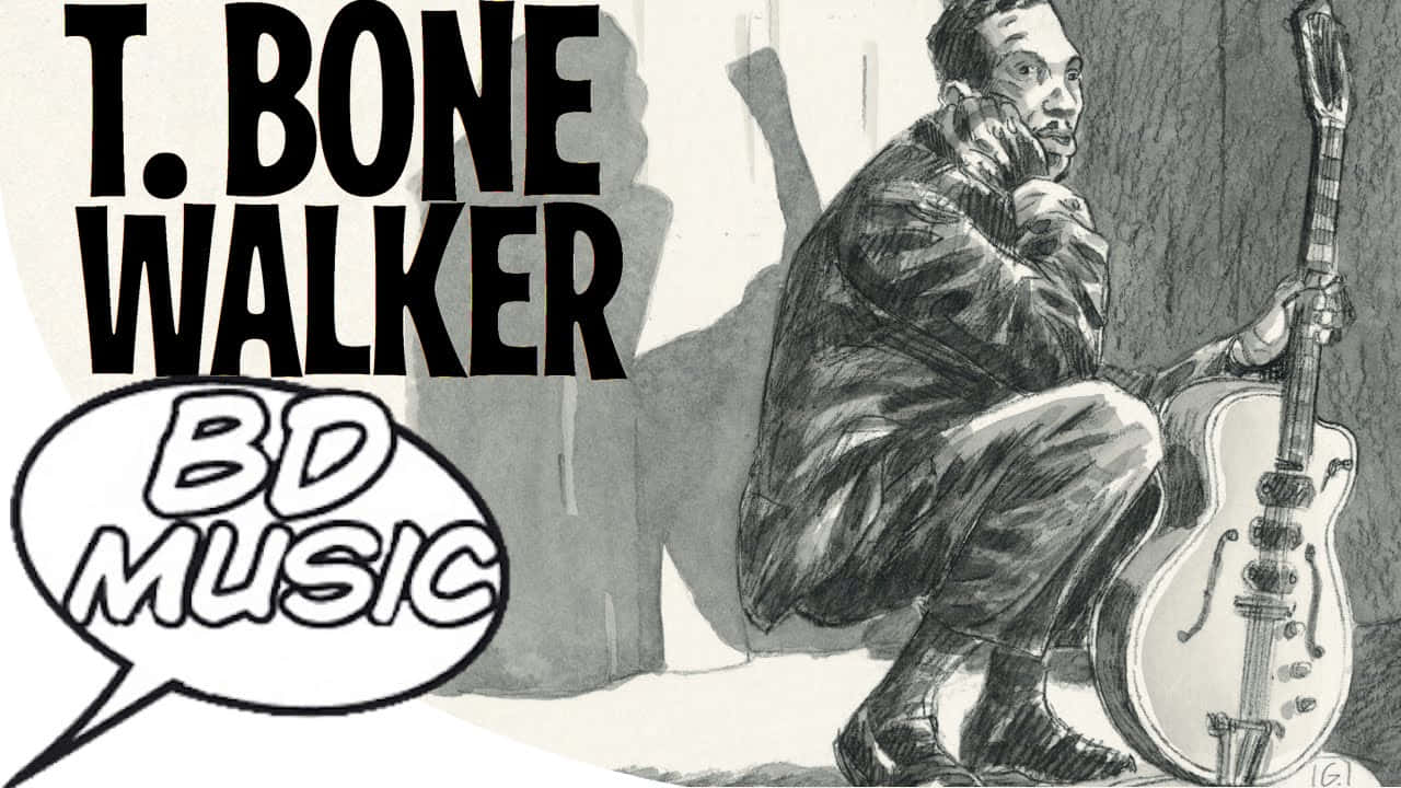 動畫 桌布 壁紙 — 一幅草圖風格的插圖，描繪音樂家 T Bone Walker 蹲在他的電吉他旁邊，帶有粗體文字和一個寫著 BD MUSIC 的對話氣泡。