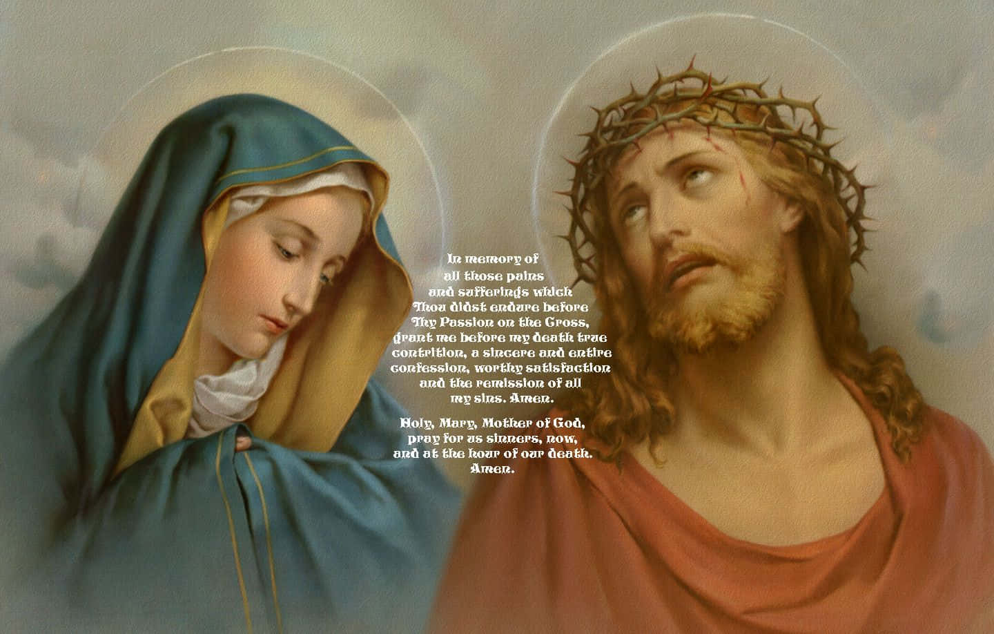 Catholic 桌布 壁紙 — 一幅莊嚴的宗教畫描繪了耶穌戴著荊棘冠冕，旁邊是悲傷的聖母瑪利亞，帶有光環，並覆蓋著祈禱文字。