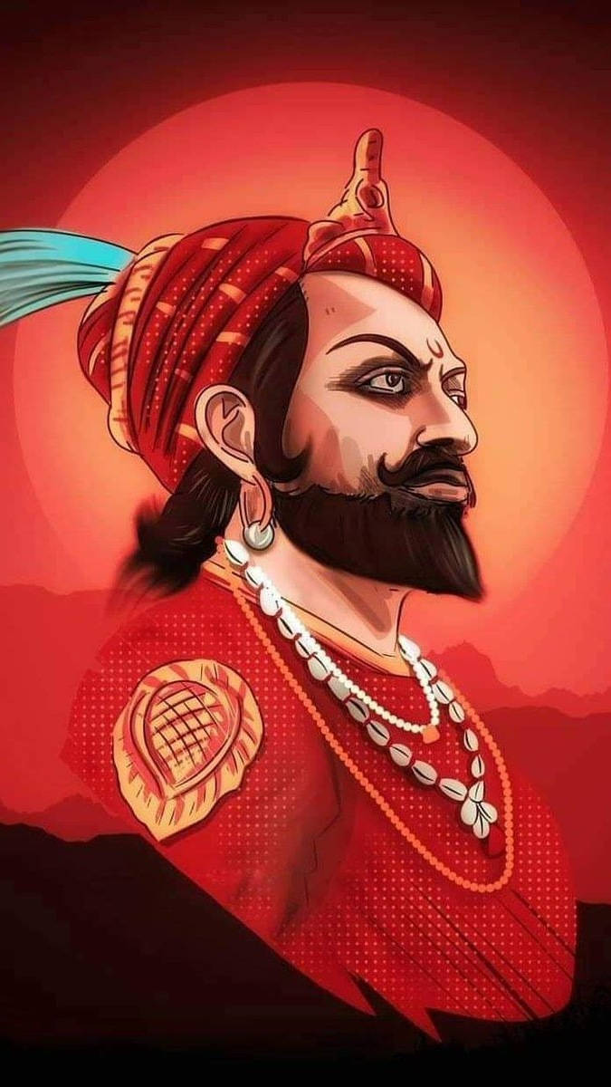 Chhatrapati Shivaji Maharaj 桌布 壁紙 — 一幅莊嚴的插圖肖像，描繪一位留鬍鬚的男子，戴著紅色頭巾和珠寶，背景是發光的紅色太陽。