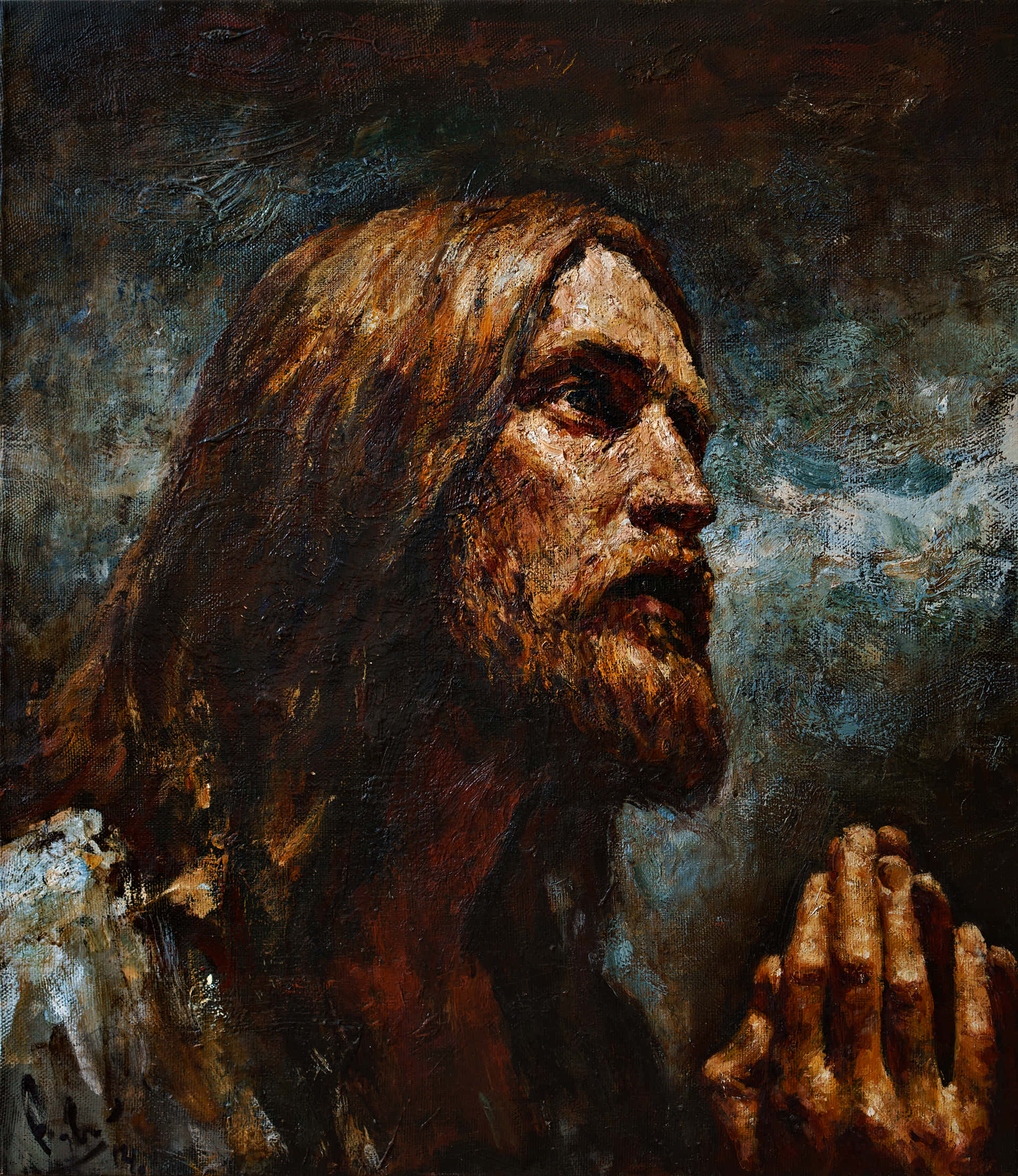Jesus Praying 桌布 壁紙 — 一幅莊嚴的油畫，描繪一位留鬍鬚的男子側面，雙手合十，以大地色調呈現，背景是動盪的黑暗。