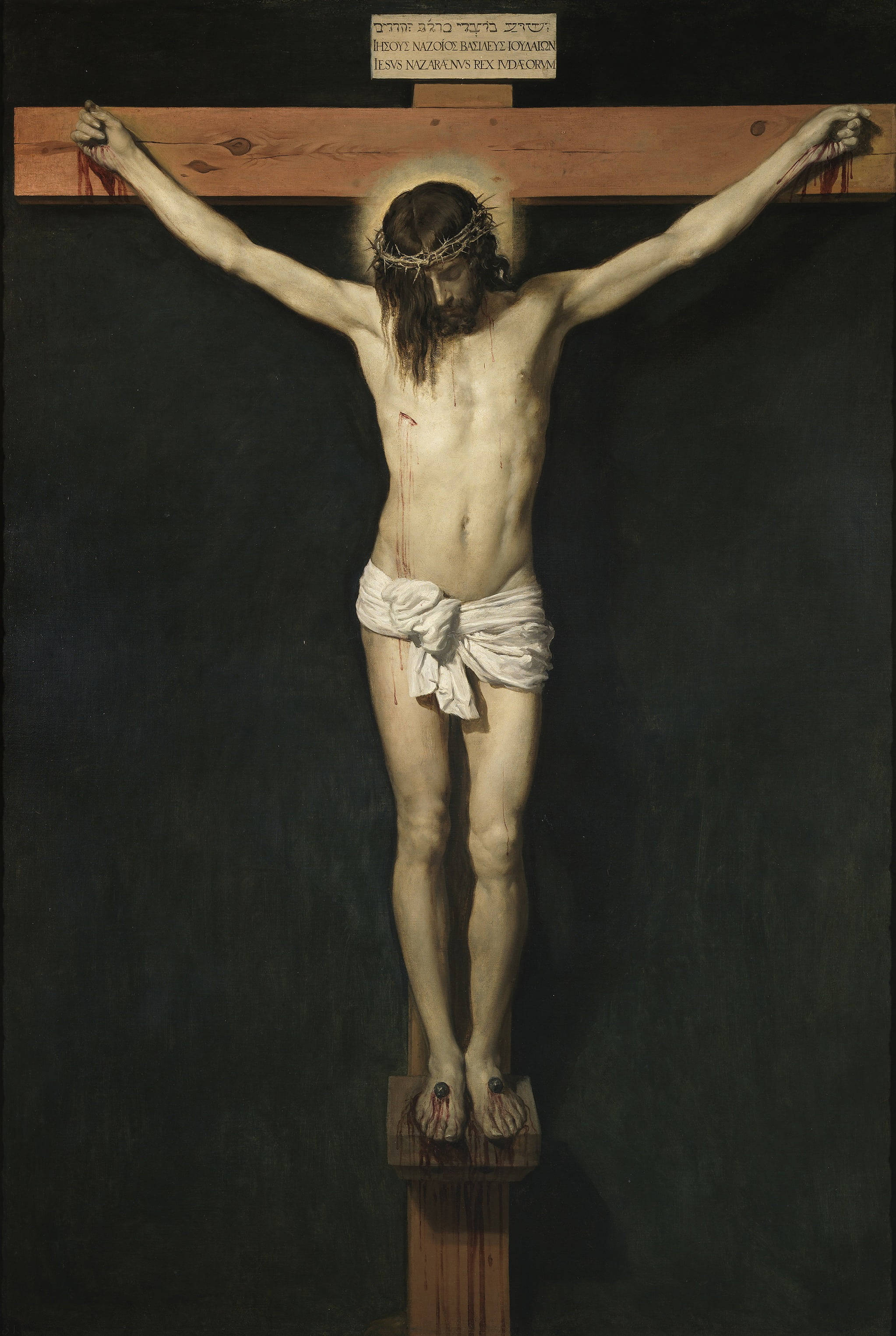 Christ 桌布 壁紙 — 一幅莊嚴的油畫，描繪耶穌基督被釘在木頭十字架上，背景黑暗，帶有光環和荊棘冠冕。