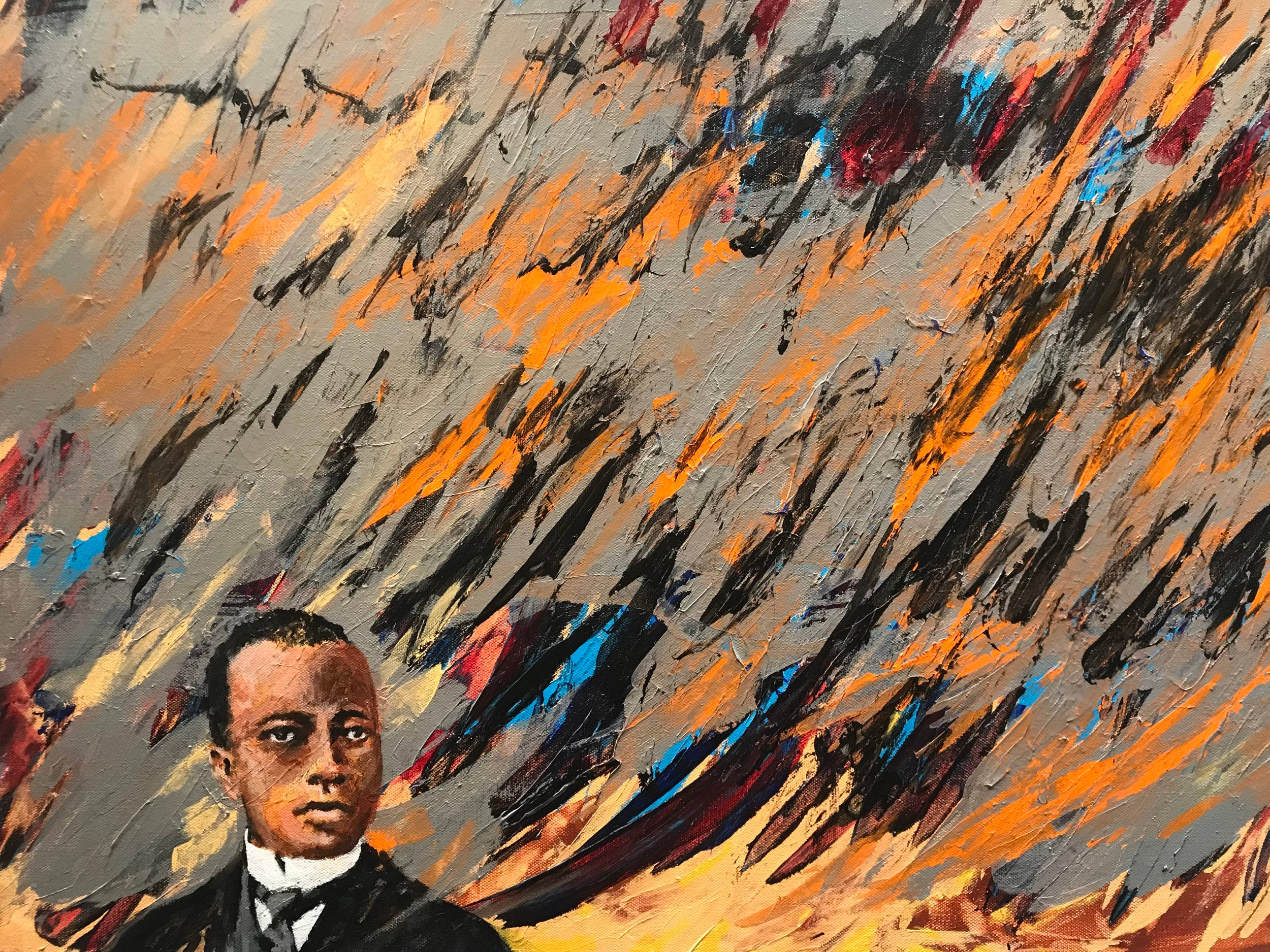 Painting 桌布 壁紙 — 一幅莊嚴的男士正式服裝肖像，背景是橙色、灰色和黑色筆觸的動盪抽象背景。
