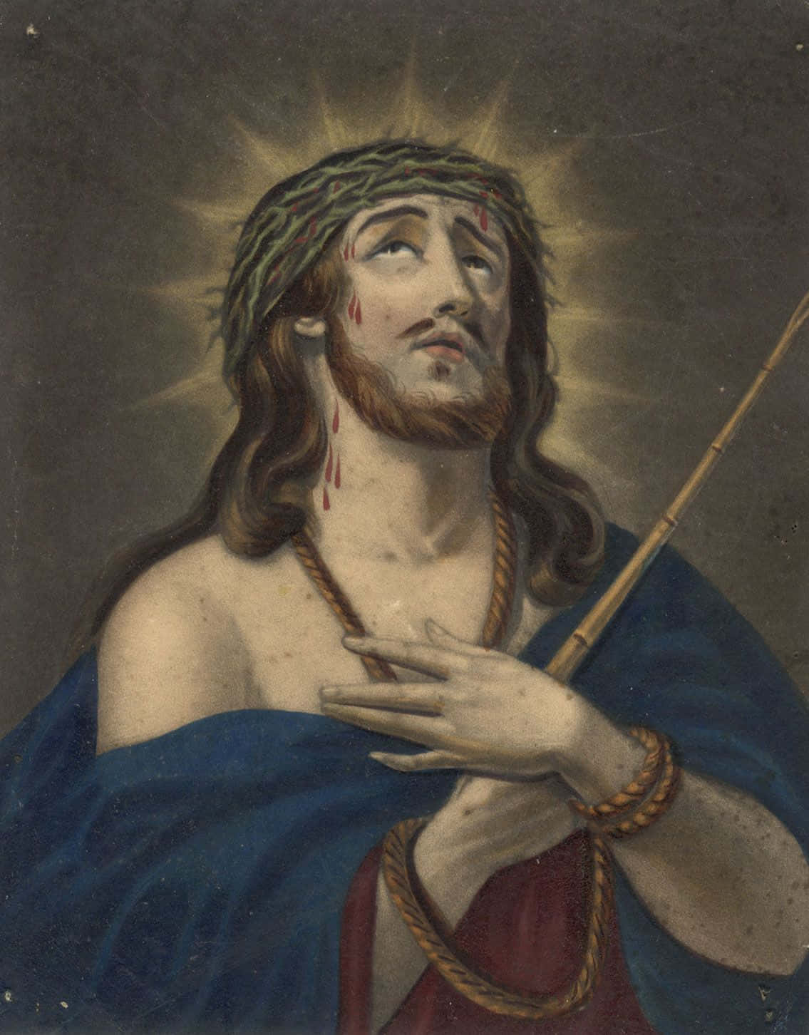 Jesus Crown Of Thorns 桌布 壁紙 — 一幅莊嚴的耶穌肖像，戴著荊棘冠冕，血從臉上滴下，頭後有光輝的光環。