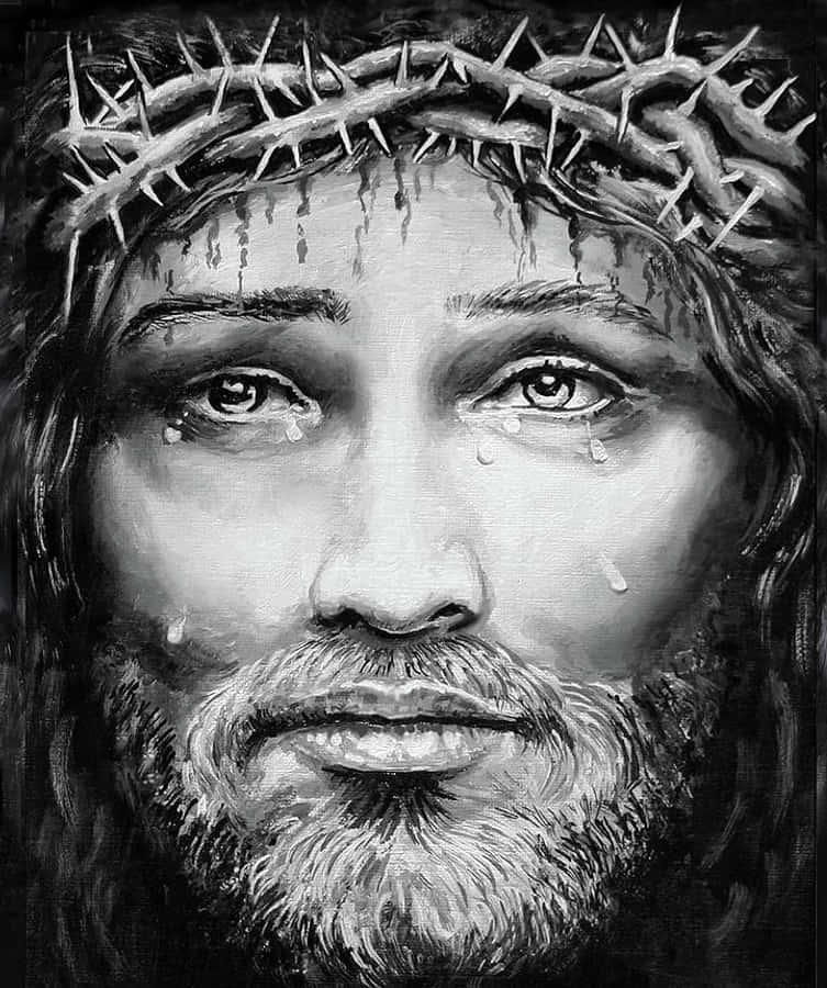 Jesus Crown Of Thorns 桌布 壁紙 — 一幅莊嚴的黑白油畫，描繪耶穌基督戴著荊棘冠冕，淚水從臉上流下。