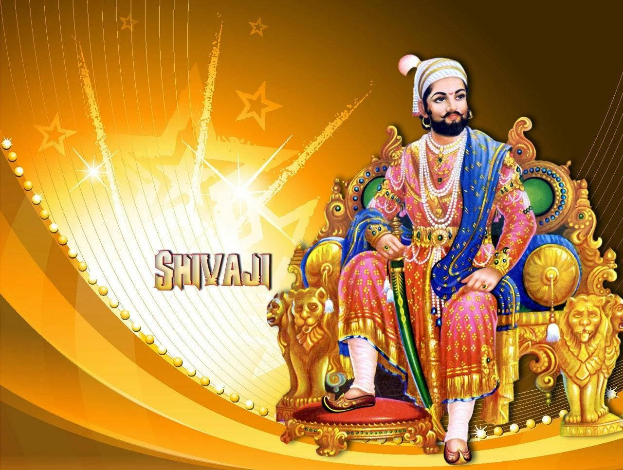 Chhatrapati Shivaji Maharaj 桌布 壁紙 — 一幅華麗的插圖，描繪希瓦吉·馬哈拉吉坐在金色王座上，兩側有獅子雕像，背景是閃耀的金色星空。