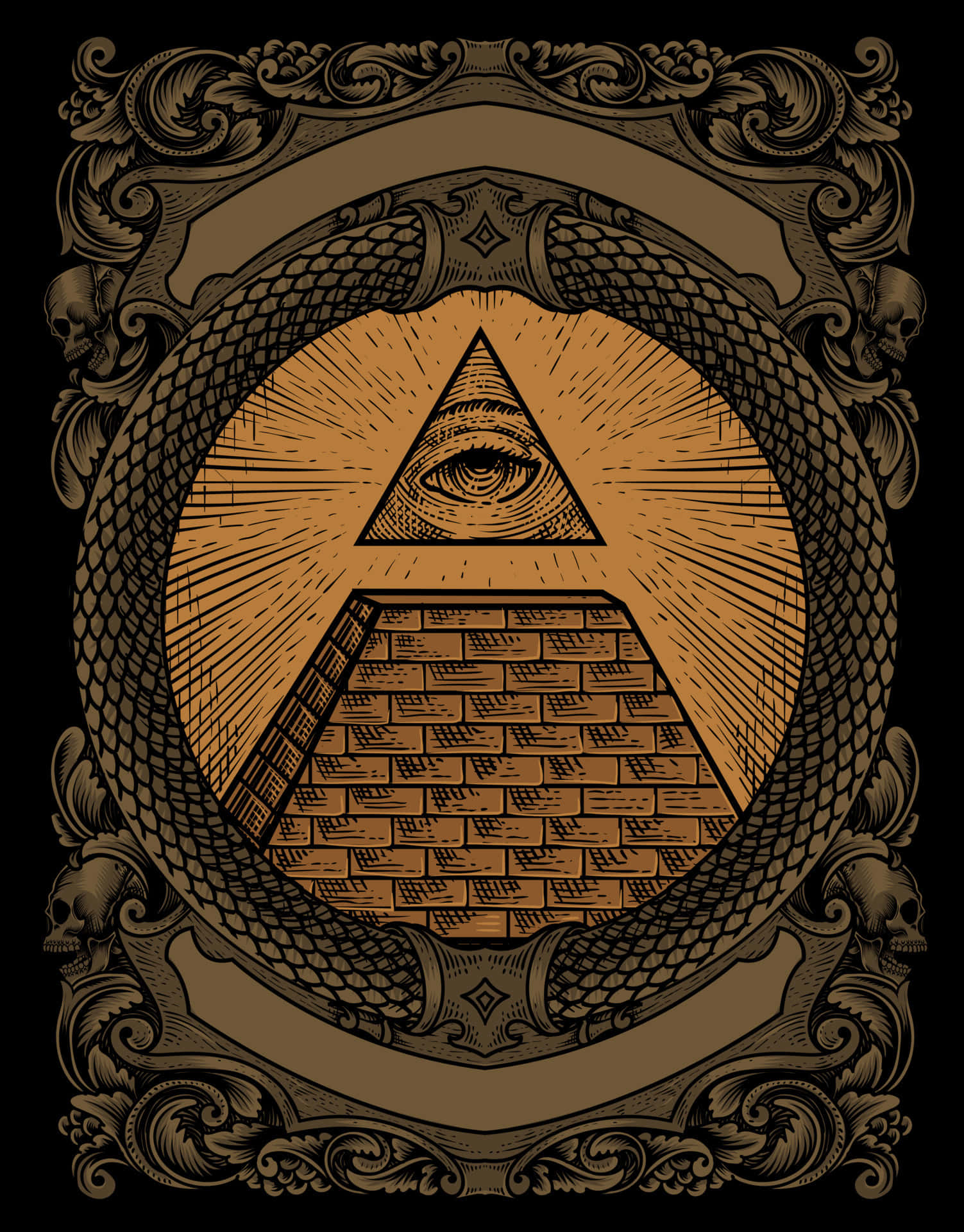 illuminati 桌布 壁紙 — 一幅華麗的插圖展示了一座金字塔，頂端有一個全視之眼，周圍環繞著一條盤繞的蛇和頭骨，位於裝飾性框架內。