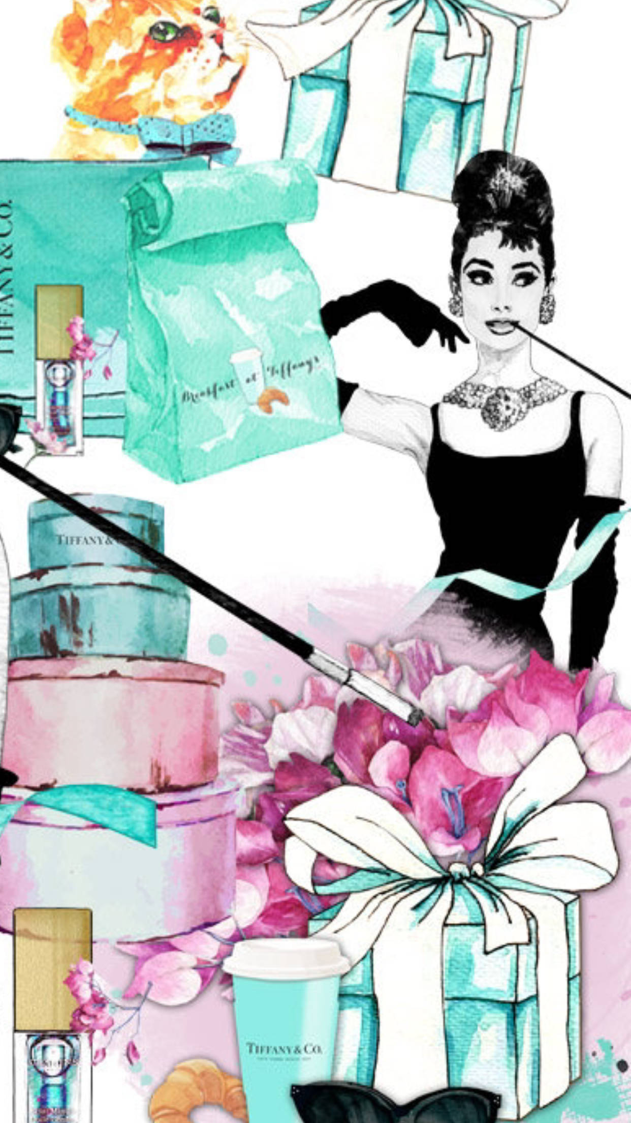 奧黛麗·赫本 桌布 壁紙 — 一幅華麗的插圖拼貼畫， featuring 奧黛麗·赫本、Tiffany & Co. 禮物和粉紅色花朵，以奇幻的水彩風格呈現。