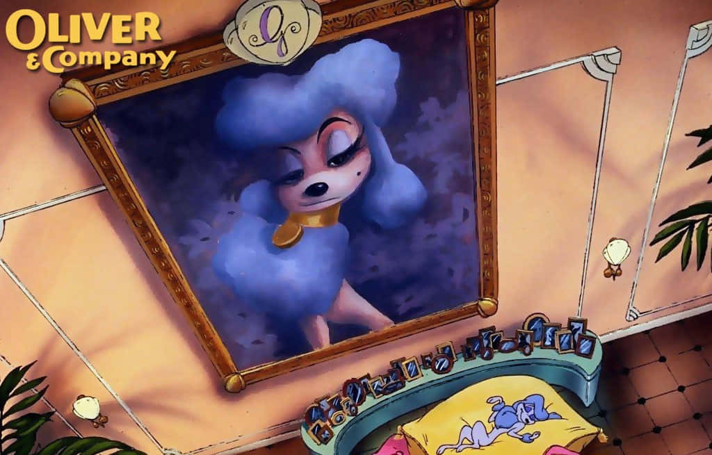 oliver and company 桌布 壁紙 — 一幅華麗藍色貴賓狗的裱框肖像掛在卡通房間裡一張有狗睡覺的床上方。