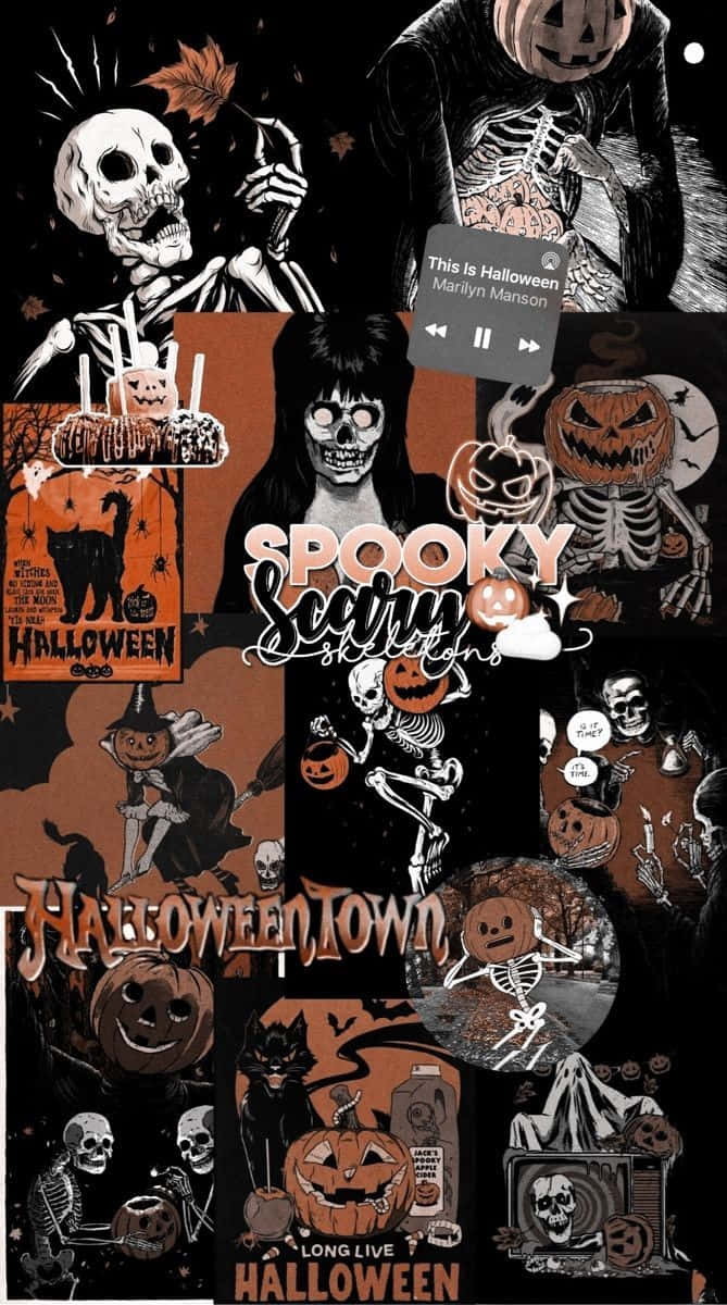 Spooky Art 桌布 壁紙 — 一幅萬聖節恐怖插圖拼貼畫，包含骷髏、南瓜、頭骨和鬼魅圖像，以深橙色、黑色和白色色調呈現。