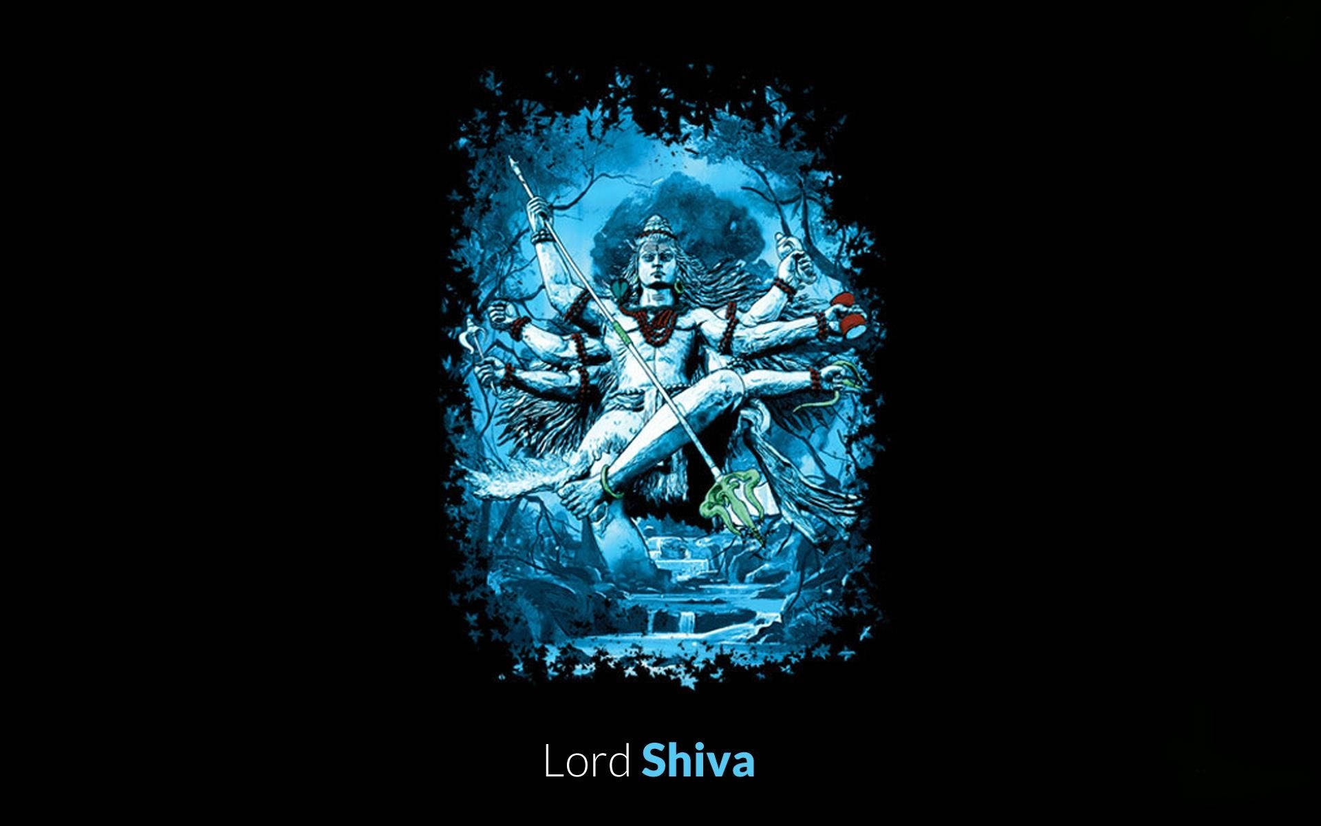 shiva dark 桌布 壁紙 — 一幅藍色調的濕婆神插圖，有多隻手臂揮舞武器並手持頭骨，坐在虎皮上，背景為深色。