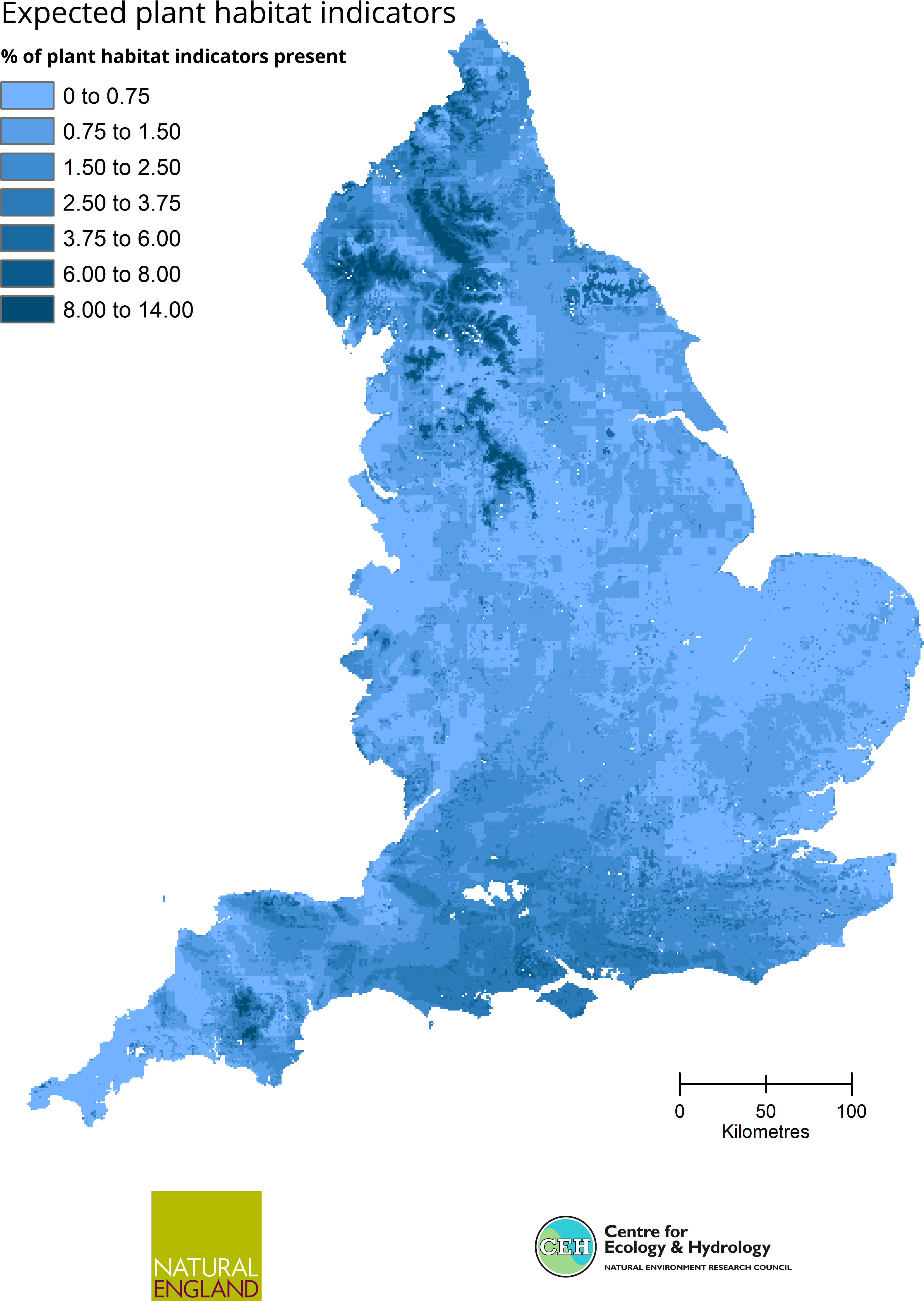 英格蘭 桌布 壁紙 — 一幅藍色調的英格蘭地圖，以漸變陰影顯示海拔數據，左側有圖例。