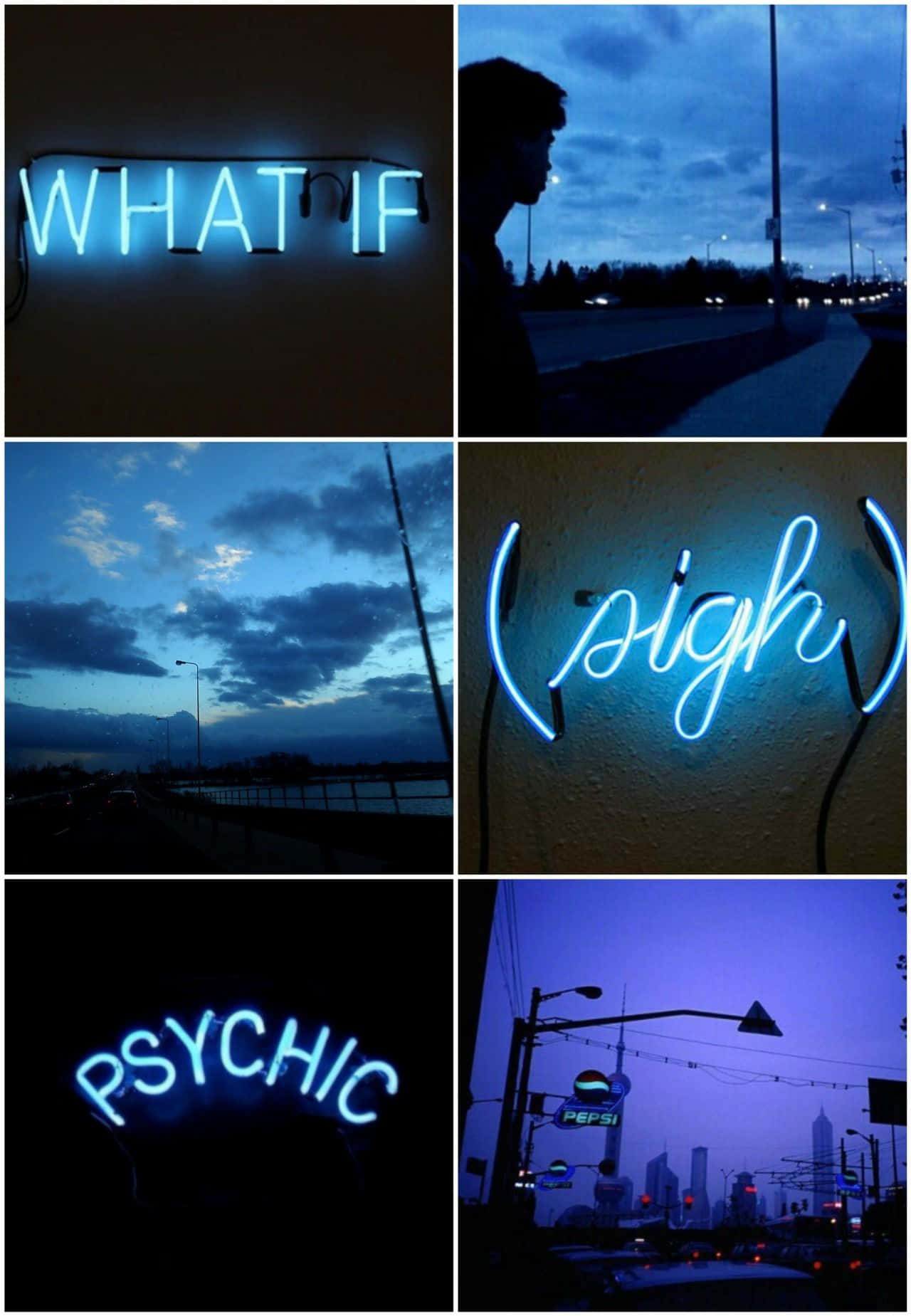 Blue Led 桌布 壁紙 — 一幅藍色霓虹燈牌的拼貼畫，上面寫著「WHAT IF」、「(sigh)」和「PSYCHIC」，背景是黃昏時分的黑暗城市。