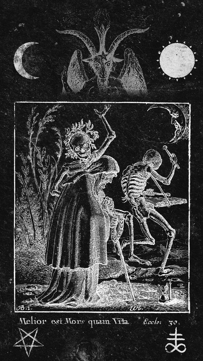 Gothic Phone 桌布 壁紙 — 一幅蝕刻插圖描繪了骷髏人物在一個山羊頭惡魔之下，伴有新月和太陽，周圍是神秘符號和拉丁文文字。