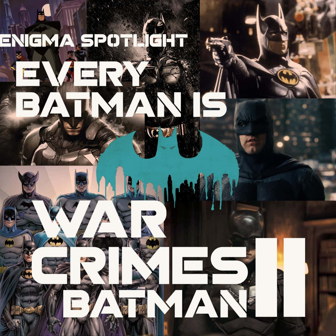 Batman War Games 桌布 壁紙 — 一幅蝙蝠俠的拼貼畫，涵蓋多部電影和漫畫改編作品，展現 gritty 的城市場景和粗體文字疊加。