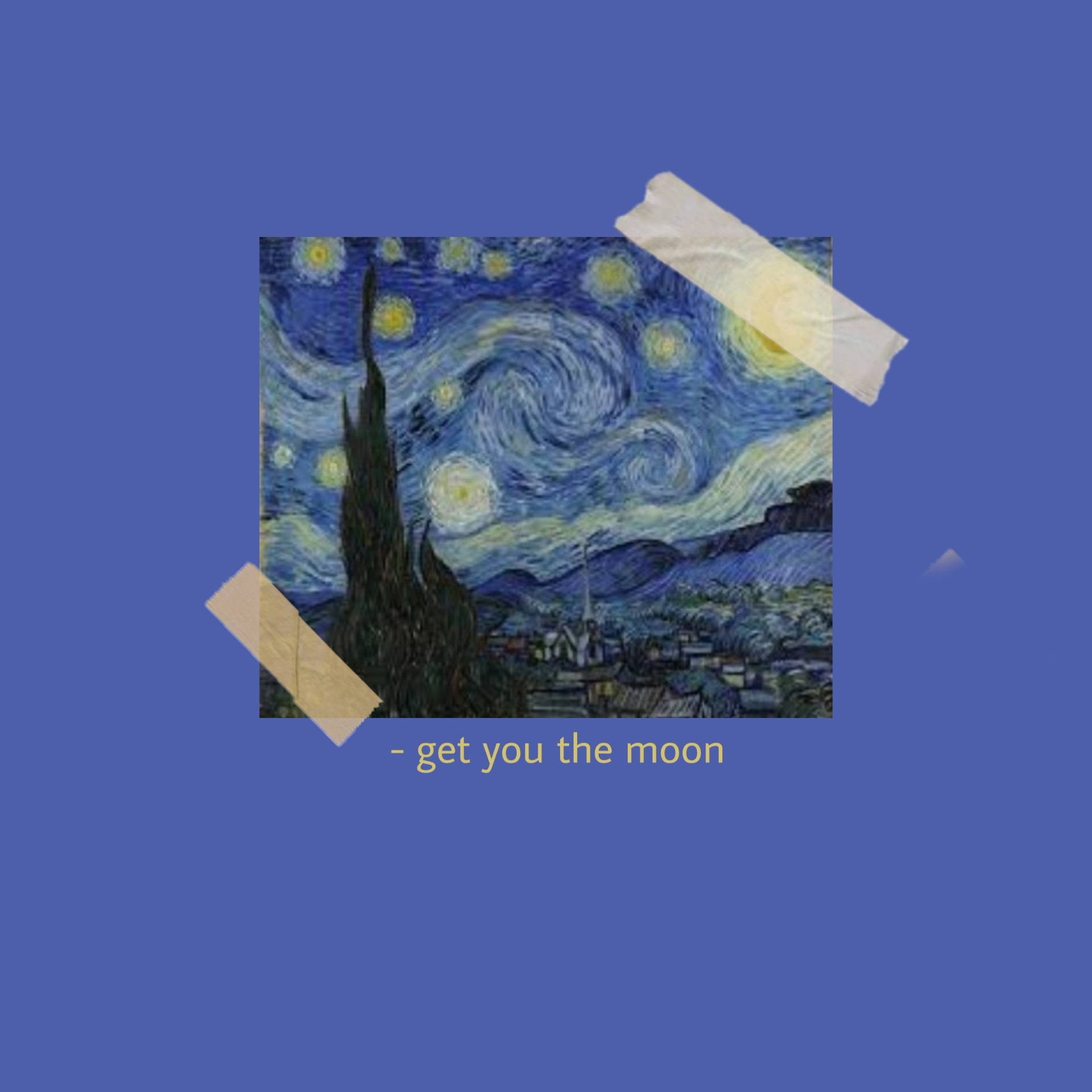被撕破的《星夜》畫作用膠帶貼在藍色牆上，有文字 get you the moon。