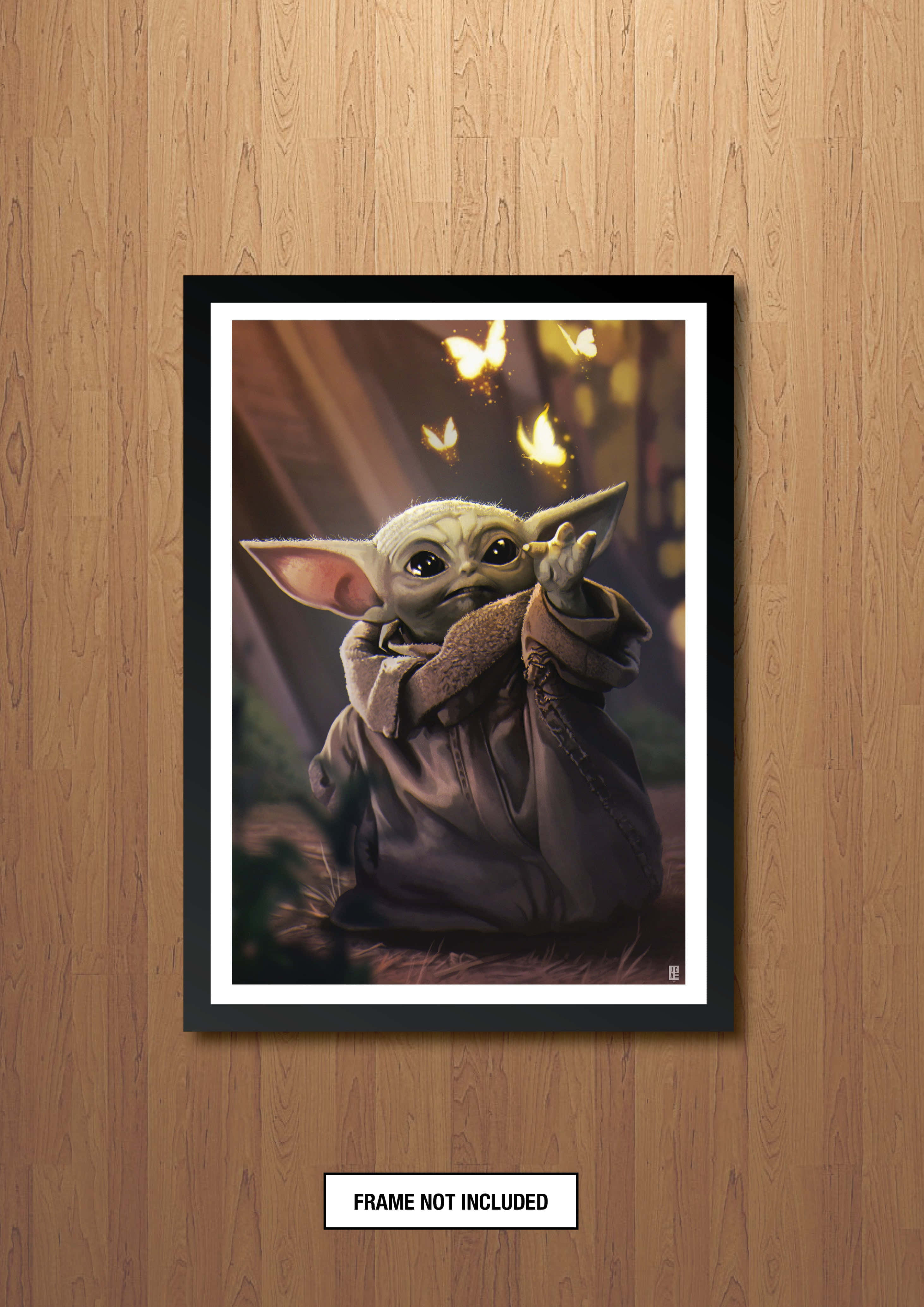Baby Yoda iPhone 桌布 壁紙 — 一幅裝框插圖，描繪古古（嬰兒尤達）坐在溫暖昏暗的場景中，伸手觸摸發光的螢火蟲。