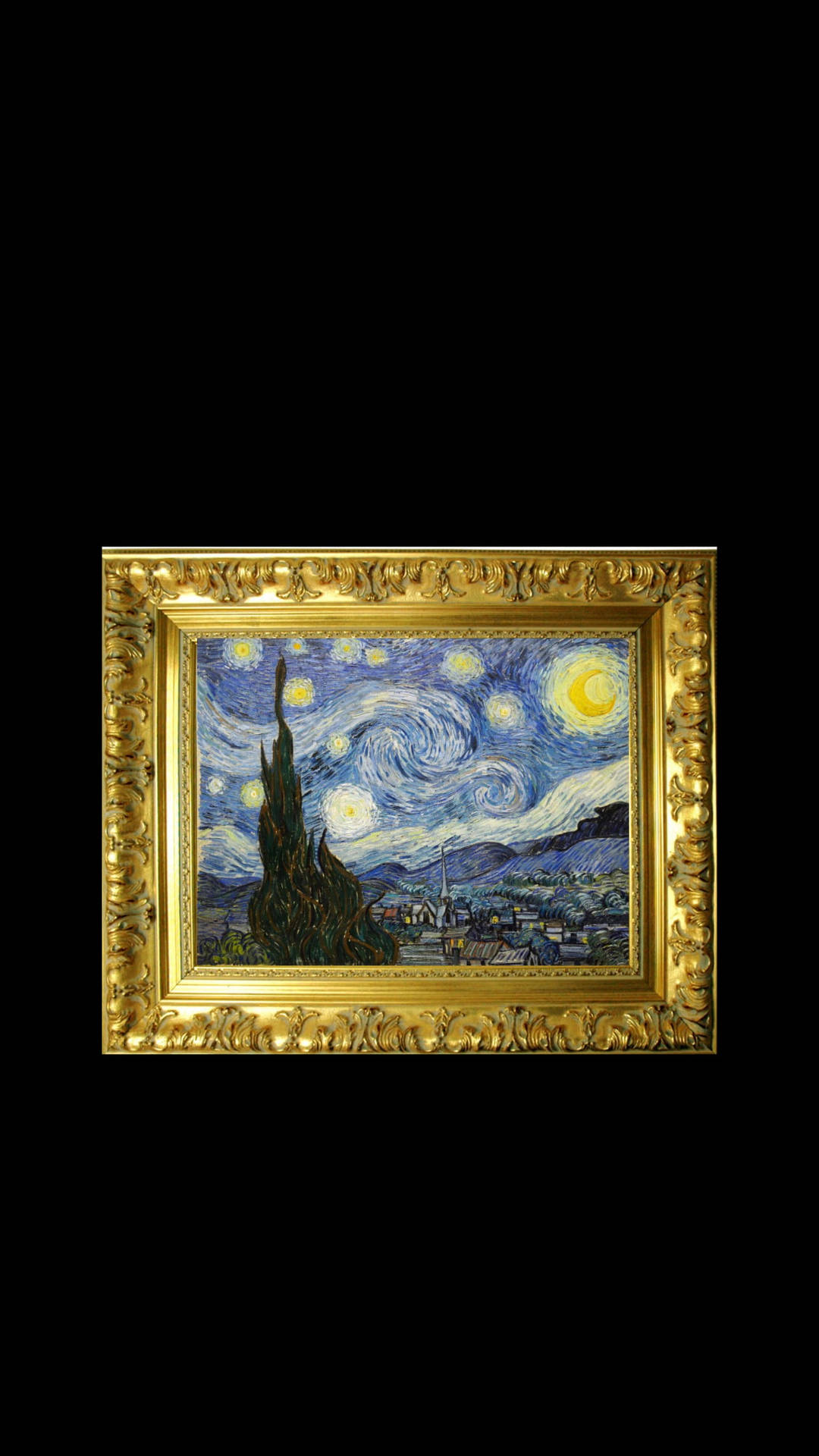 梵谷裝框的《星夜》畫作，帶有旋轉的天空和柏樹。