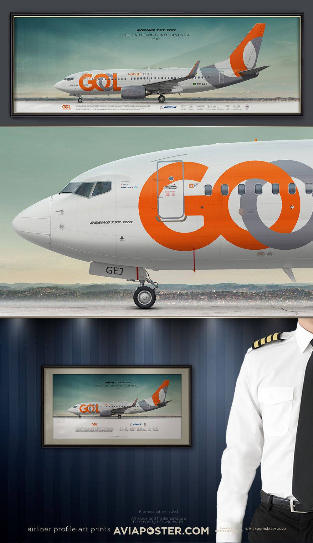  壁紙 — 一幅裱框的波音737-800 GOL飛機藝術印刷品，展示在深藍色牆壁旁邊，一位穿著制服的機長旁邊。