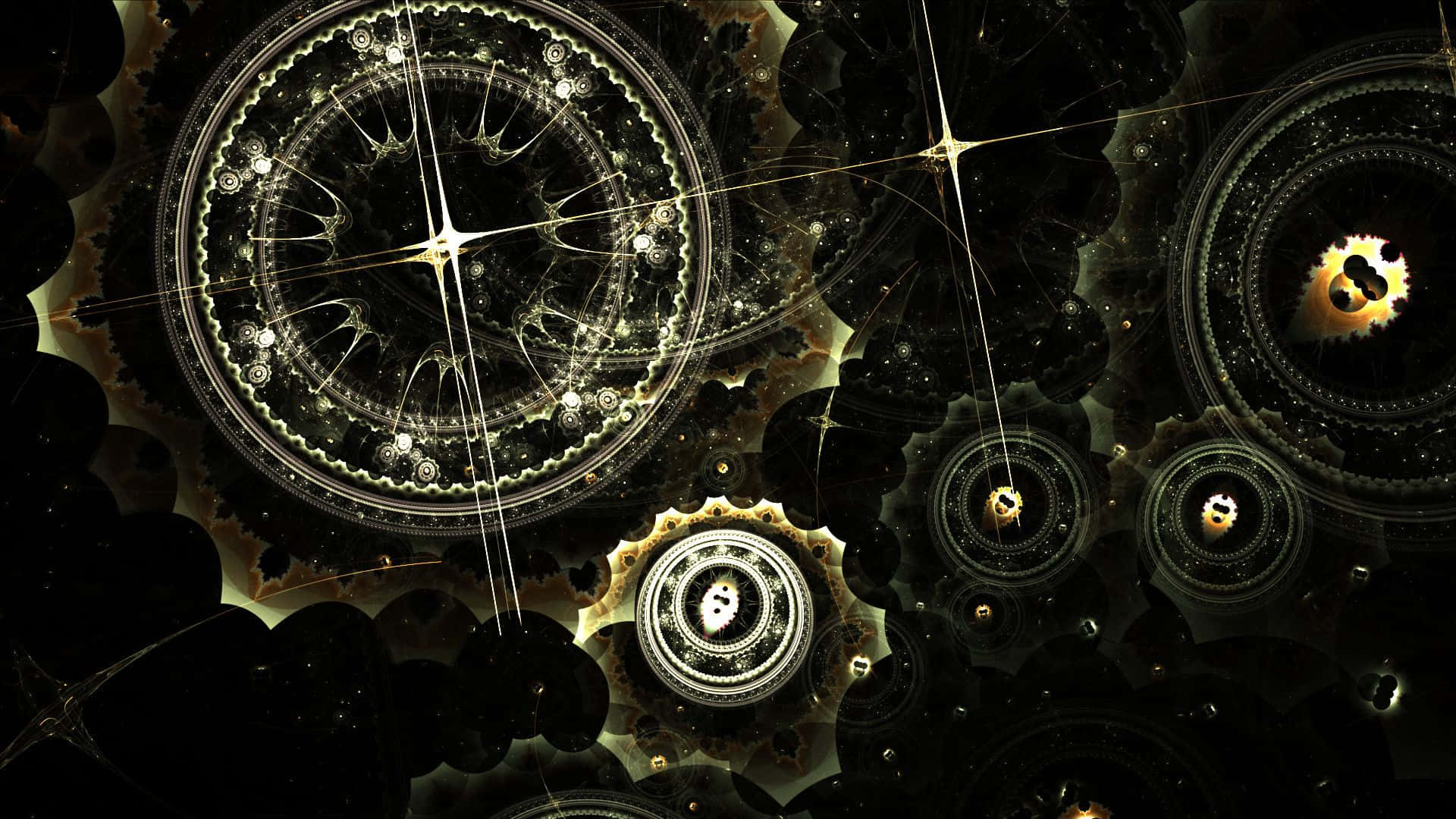 Dark Steampunk 桌布 壁紙 — 一幅複雜的分形藝術作品，在黑暗的宇宙背景上呈現發光的金色齒輪和圓形圖案。