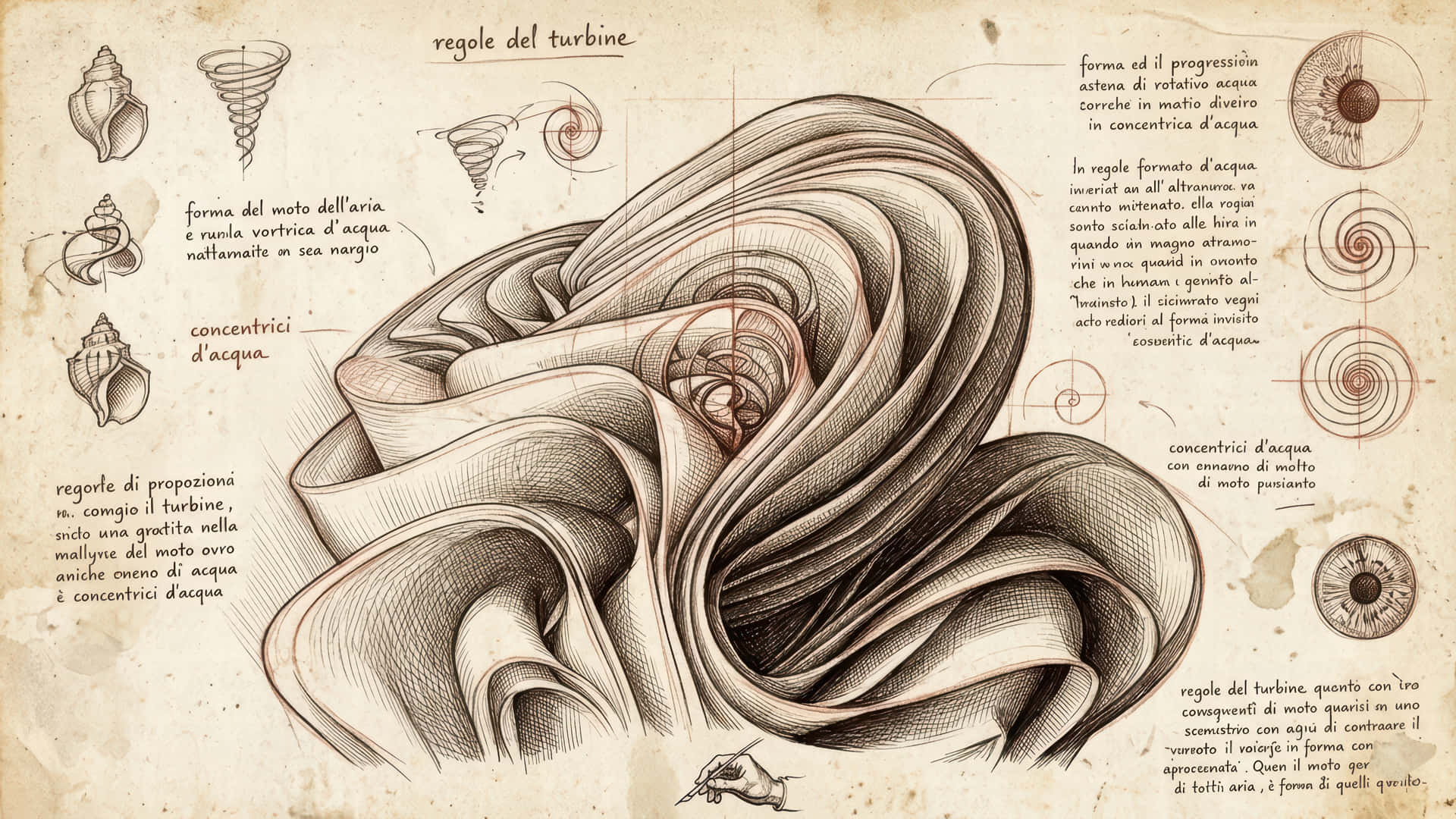 Leonardo's Sketch Bloom modded wallpaper for desktop Enhancement, 壁紙 — 一幅複雜的手繪插圖，描繪旋轉的水漩渦和貝殼，並附有義大利語文字註釋，繪於舊羊皮紙上。